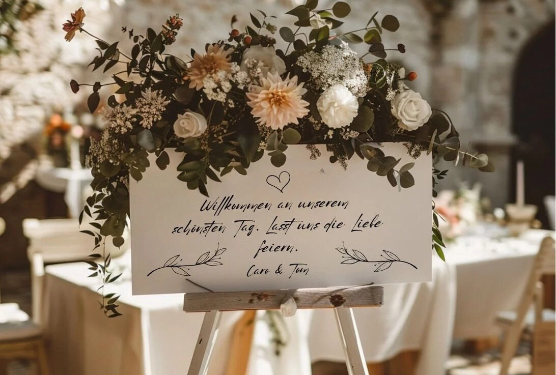 Willkommensschild auf der Hochzeit