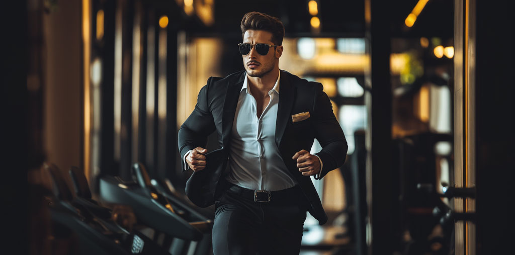 Bräutigam Styling - Hübscher, muskulöser Mann in schwarzem Anzug und Sonnenbrille läuft durch ein Fitnessstudio.