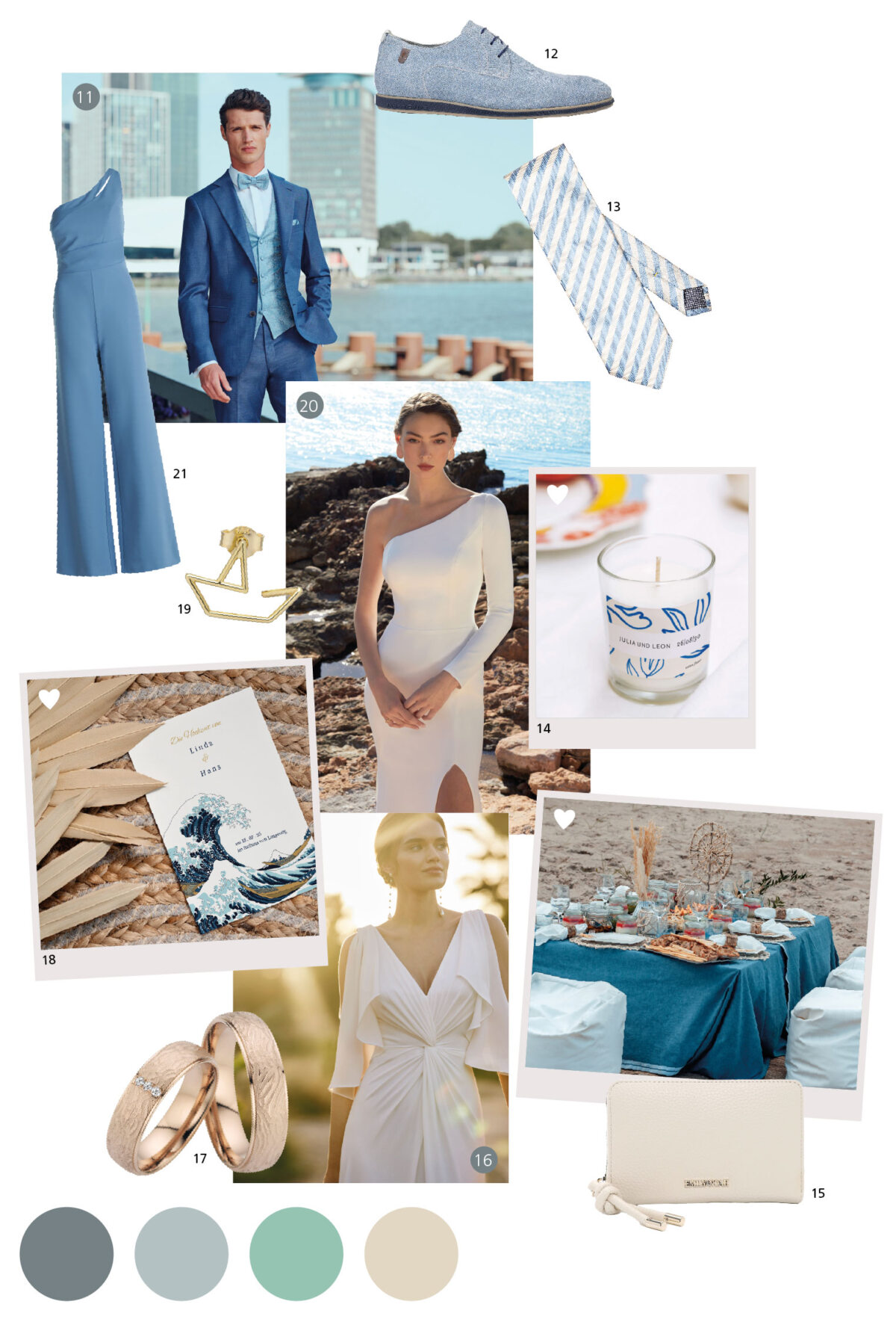 Farbkonzept Hochzeit: Moodboard für die Hochzeit, Braut in weißem Kleid und Bräutigam mit blauem Anzug am Strand vor dem Tisch im Restaurant, Teelichter auf einer Kaffeetasse, Kristalle und Diamantring in einer Schachtel, Schuhe unter dem Fenster, Farbpalette mit blaugrünen Akzenten, blau gestreiftes Hemd