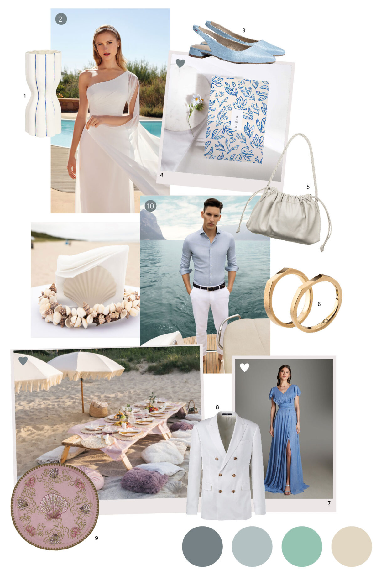 Moodboard für eine Sommerhochzeit auf den griechischen Inseln, Braut und Bräutigam tragen ein weißes One-Shoulder-Kleid mit blauen Details, ein jungenhafter Mann trägt einen pastellfarbenen Blazer und eine Hose, Strandszene, blaue Handtasche mit Muschelring.