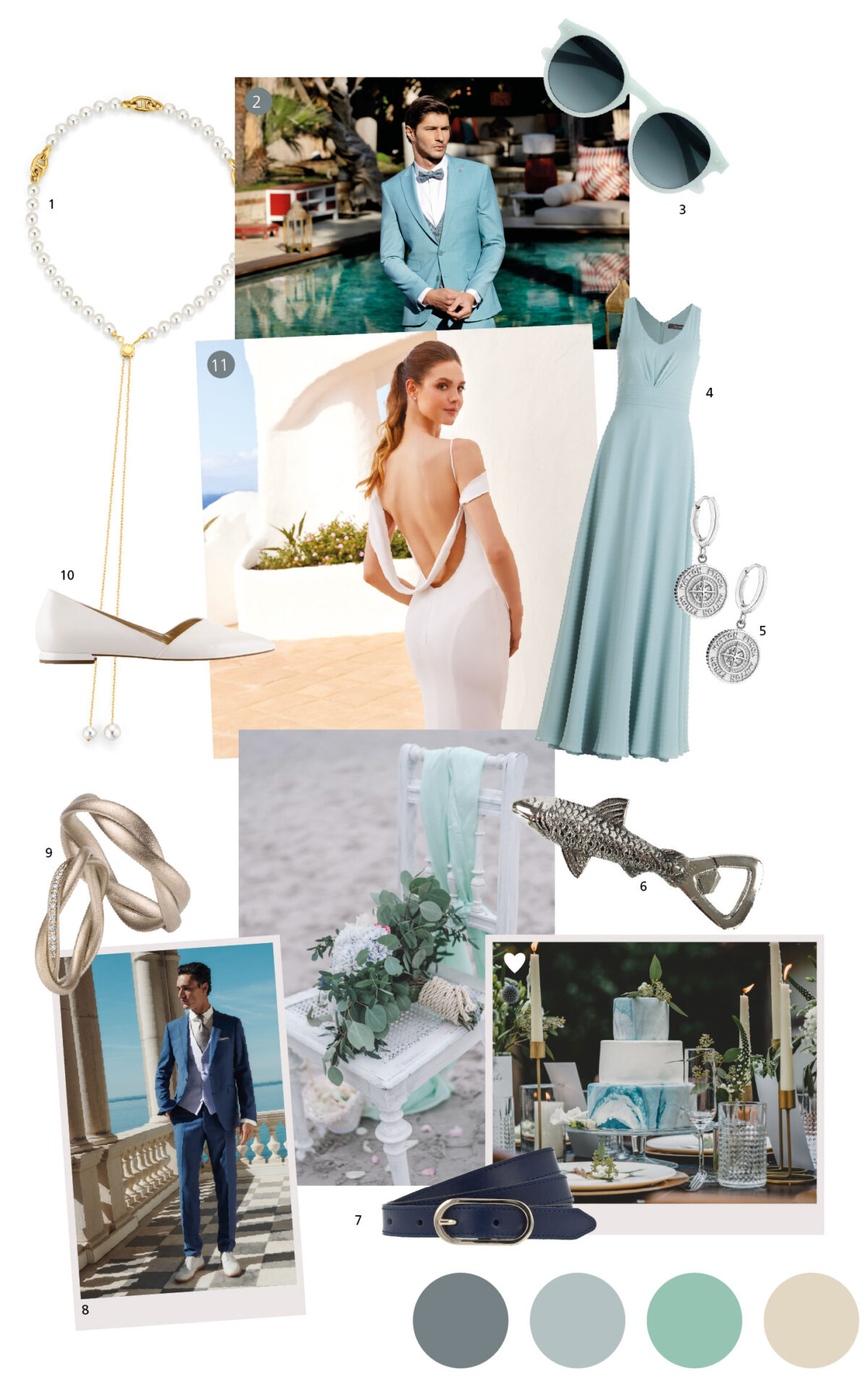 Moodboard für eine Hochzeit in Pastellblau und Grau mit einigen Meereselementen, weißes Brautkleid mit dünnen Trägern, silberne Accessoires, Sonnenbrille, Diamantringe, grauer Smokingmann auf einem Inselschwimmbecken mit tropischen Blumen und einem Fischschwanz