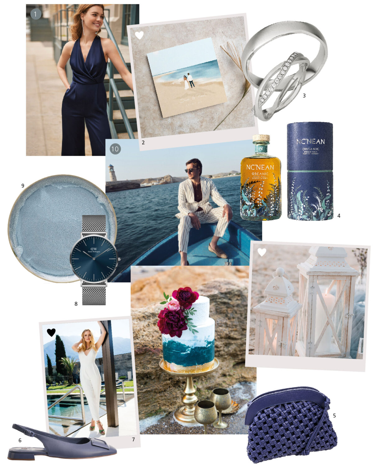 Moodboard für Hochzeitsinspirationen, Braut in marineblauem Overall mit weißen Akzenten und Ring am Finger, Bräutigam mit silberner Uhr, elegante Torte mit Ombre-Effekt von dunklem Blaugrün bis hellem Indigo, blaue Yacht am Strand