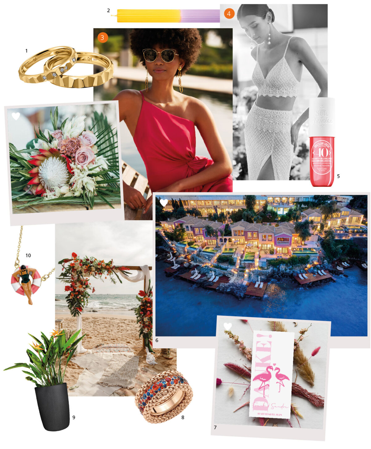 Moodboard für die Marke Schmuck, Ringe und Halsketten in rosa Farben, Italienreise im Sommer und Strandhochzeit. Tropische Pflanzen, schwarze Frau in einem einschultrigen roten Kleid mit goldenen Akzenten, Hotel in der Stadt Abu Dhabi