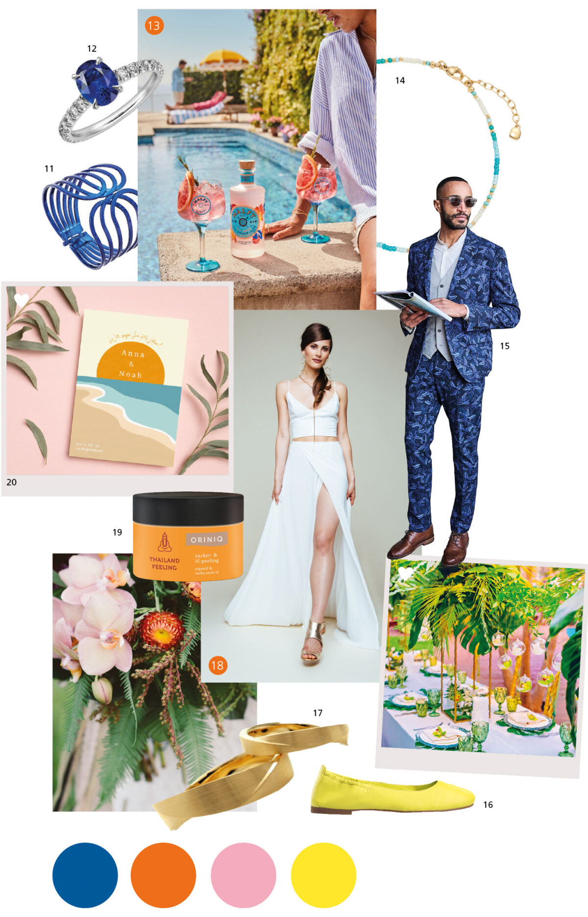 Moodboard für Hochzeit, Moodboard, Farbpalette aus Blau und Gelb mit Akzenten in Rosa und Orange, Braut in weißem Kleid und goldenen Schuhen, Bräutigam in marineblauem Anzug mit gemusterter Krawatte und goldenem Ring an der Hand