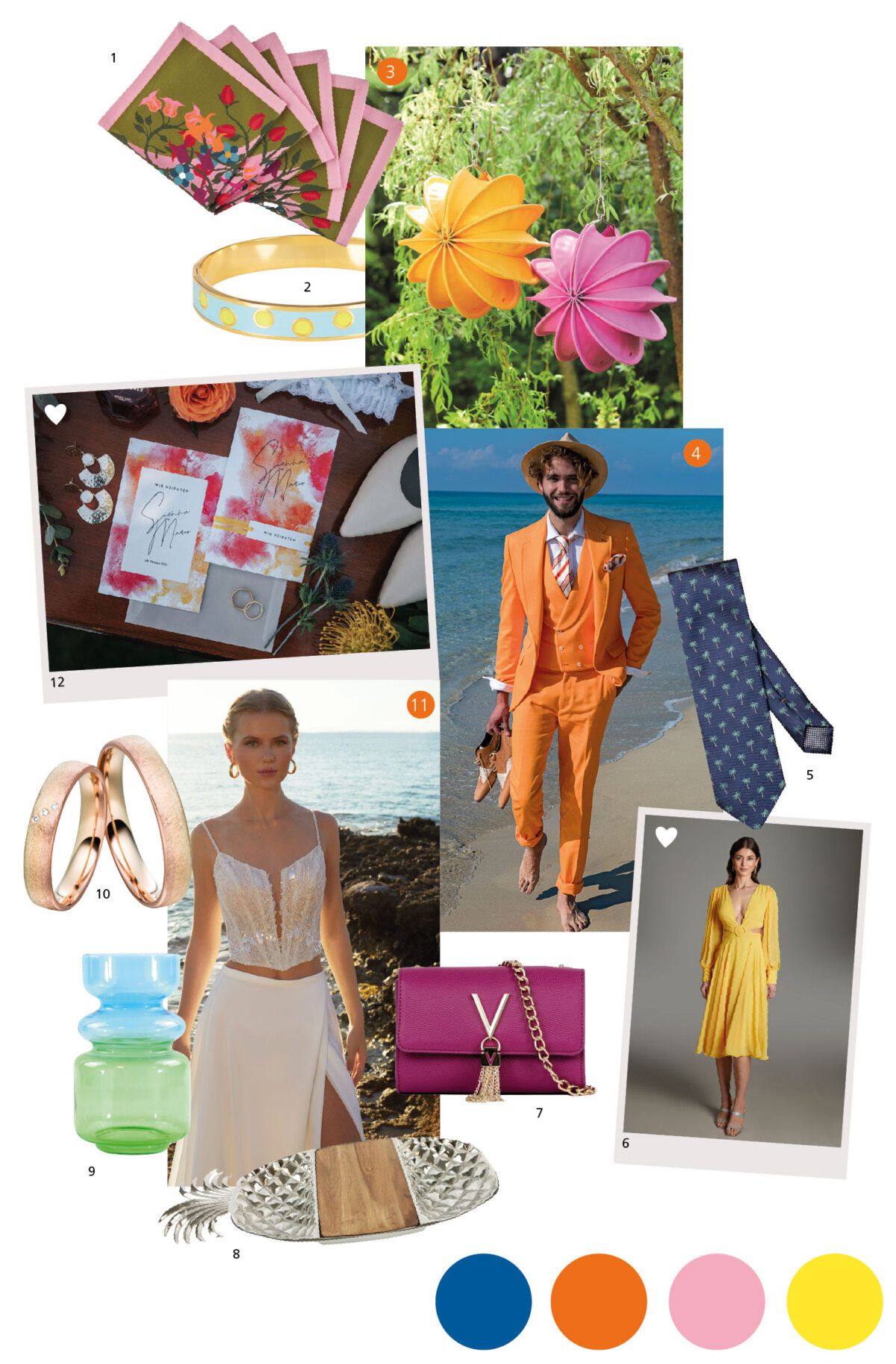 Moodboard für Hochzeit, Braut in weißem Kleid und orangefarbenem Anzug, Bräutigam am Strand, bunte Papierfächer, gelb-blau-rosa-lila Farbpalette, Modeaccessoires, Handtaschen mit Grautönen und marineblauen Punkten, leuchtende Sommerfarben, Sonnenbrillen mit hellem Gestell