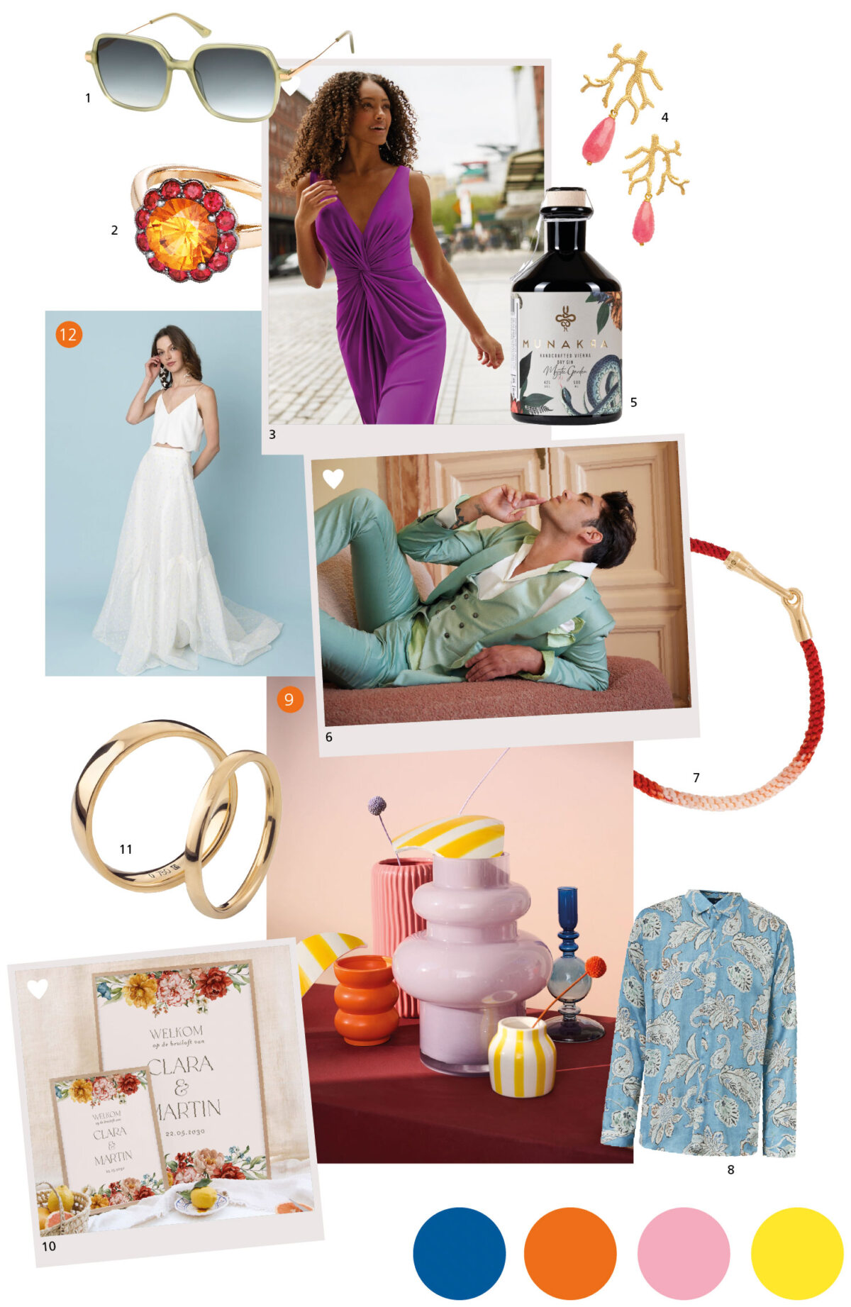Farbkonzept Hochzeit: Moodboard für einen Hochzeitsgeschenkladen, eine Collage mit Bildern von Vasen und Ringen in leuchtenden Farben, eine Frau in einem lila Kleid mit einer Flasche Wein, ein Mann, der auf einer blauen Tischdecke liegt und ein grünes Hemd trägt, bunt, Sonnenbrille, eine Mode Magazin, ein Foto von einem weißen Kleid, rosa Ohrringen, einem goldenen Armband