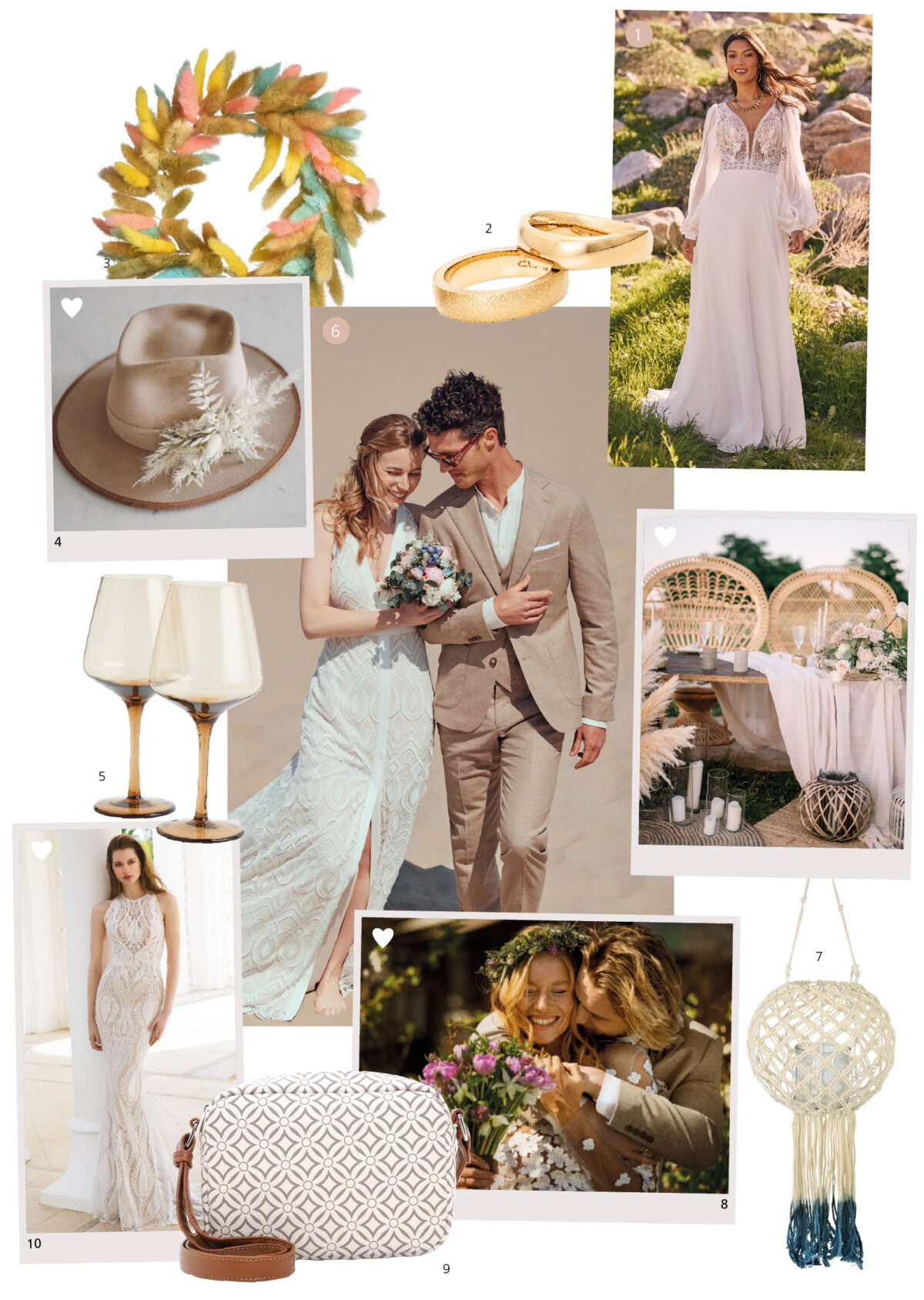 Moodboard für die Hochzeit, Braut in weißem Spitzenkleid und Bräutigam im beigen Anzug mit braunem Hut, wunderschöne Gartenkulisse, Accessoires im Boho-Stil wie goldene Ringe, Makramee-Tasche und Lampenschirm, Pastellfarbpalette.