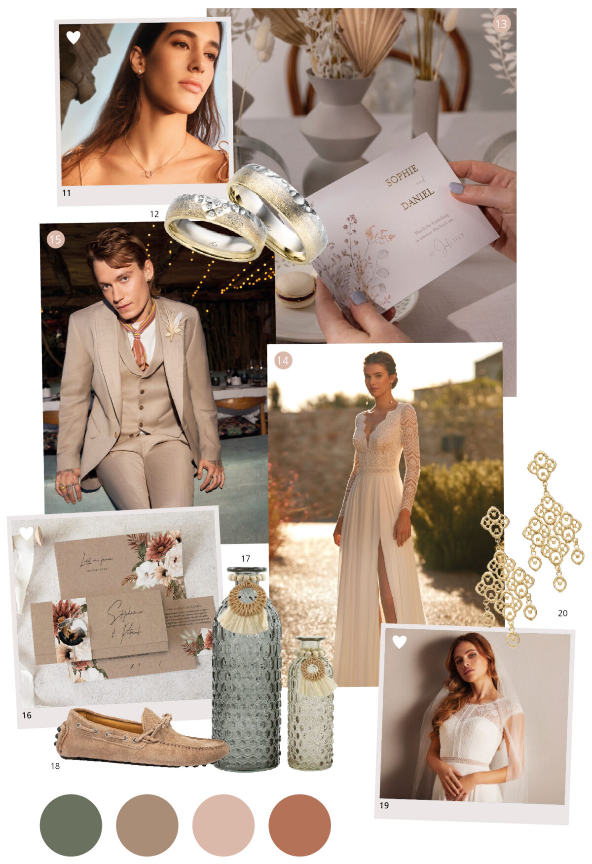 Moodboard für eine Hochzeit, mit einer Farbpalette aus Beige und Braun. Die Braut trägt ein cremefarbenes, langes Kleid mit silbernen Details. Der Bräutigam trägt einen hellbraunen Smoking. Enthalten sind Ringe, Einladungskarten, neutrale goldfarbene Elemente, Schuhe