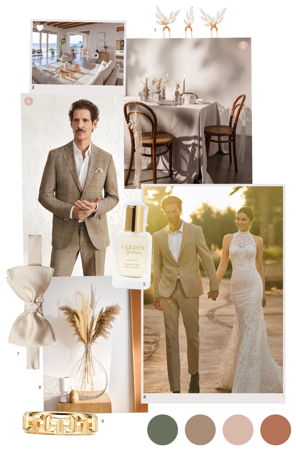 Moodboard für eine Hochzeit mit Braut im Spitzenkleid, Bräutigam im beigen Anzug und braunen Schuhen, Esstisch mit grauer Bettwäsche, modernen Stühlen, Vasen mit Pampasgras, neutraler Farbpalette.