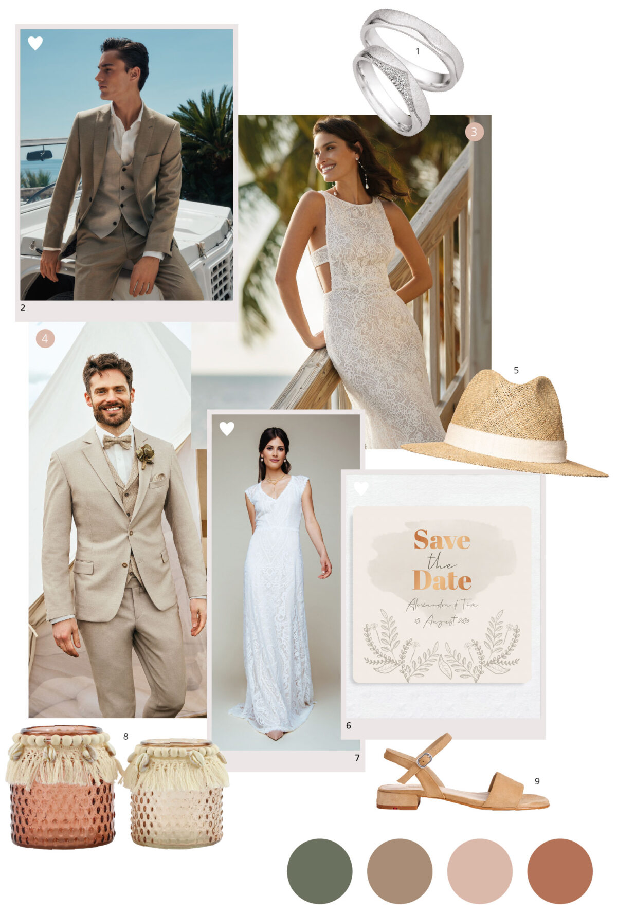 Moodboard für die Hochzeit, Braut in schlichtem weißem Kleid und Bräutigam im beigen Anzug mit Fliege und Hut. Ena mit Strohsonnenhüten, Diamantringen, grauer Smokingjacke, zierlichen Schuhen, „hodne m Laboratory“ auf der Rückseite der Einladungskarte