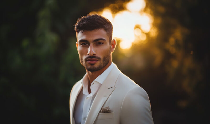 Bräutigam Styling: Attraktiver Mann aus dem Nahen Osten, der einen weißen Anzug trägt und in die Kamera blickt, mit goldener Stundenbeleuchtung.