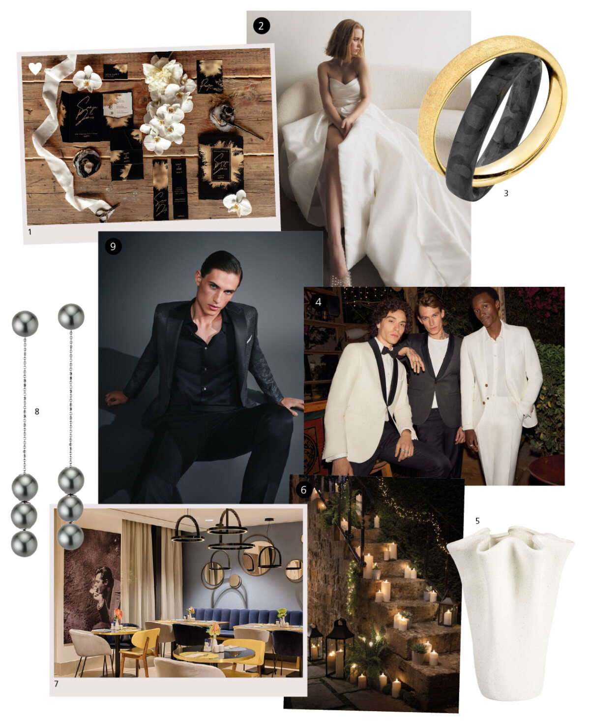 Moodboard für Hochzeitsfotografie: ein modernes Brautpaar in einem weißen Kleid mit schwarzen Details, Männer in schwarzen Smokings auf der linken Seite der Collage, Perlenringe, Kerzen, moderne Möbel im Wohnzimmer, ein goldener Ring und noch mehr Kerzen
