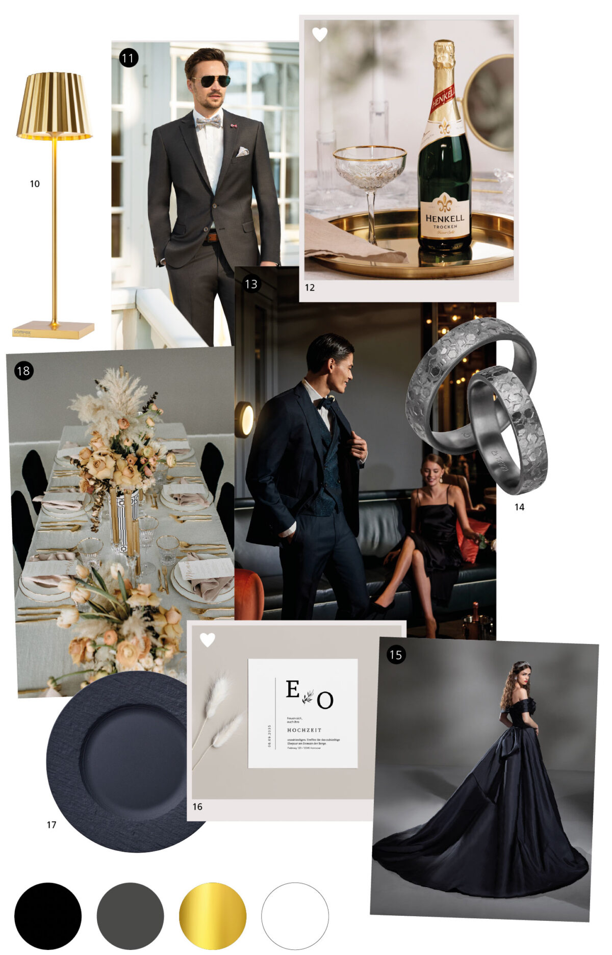 Ein Moodboard für eine elegante Hochzeit in den Farben Schwarz, Gold und Silber, einschließlich Fotos des Bräutigams im Smoking, Brautkleid, Tischdekoration, Champagnerflasche, Ringen, Blumen, Partybeleuchtung, modernem Dekor