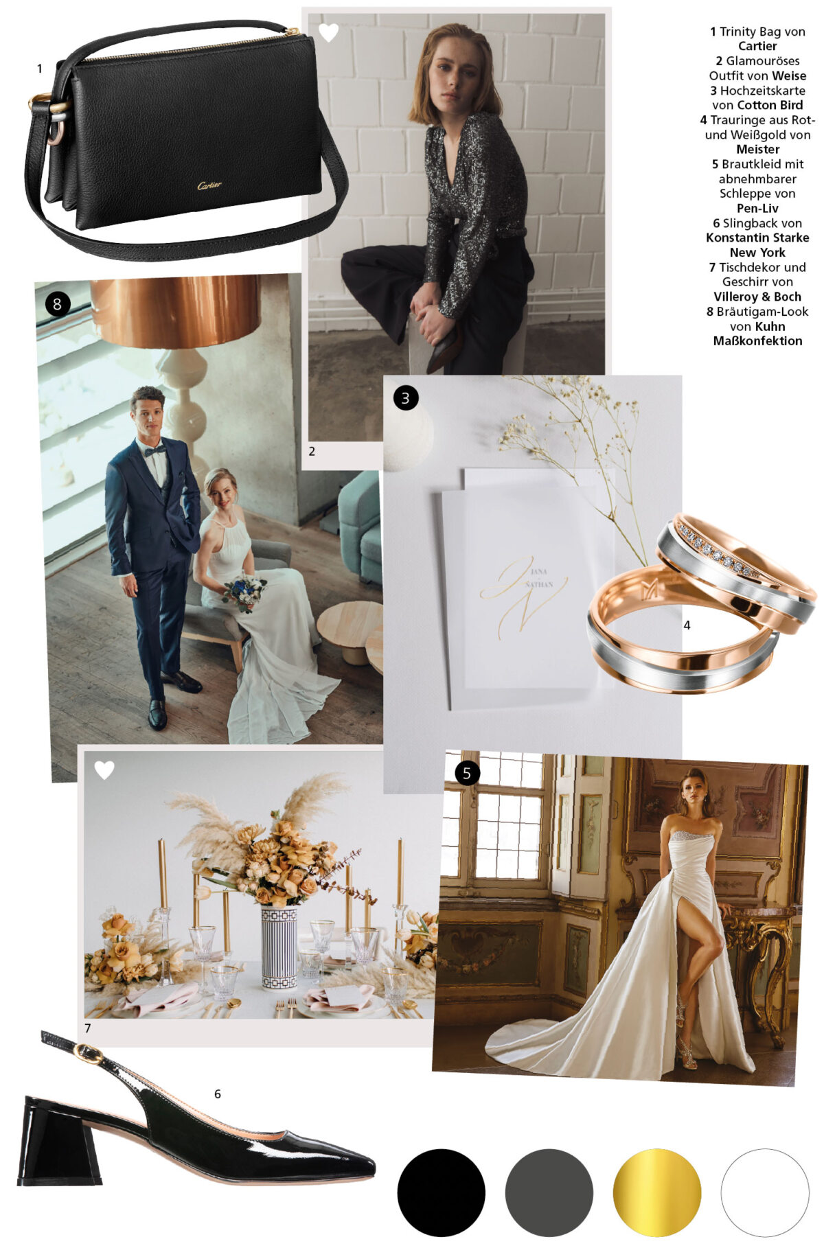 Farbkonzept Hochzeit: 2 schlichte schwarze Umhängetaschen mit goldenen Details und eine weiße Tasche, 3 goldene Eheringe auf dem Tisch, Braut in einem eleganten bodenlangen Kleid, modern gekleideter Bräutigam mit Kupferschuhen, Aufnahme von oben