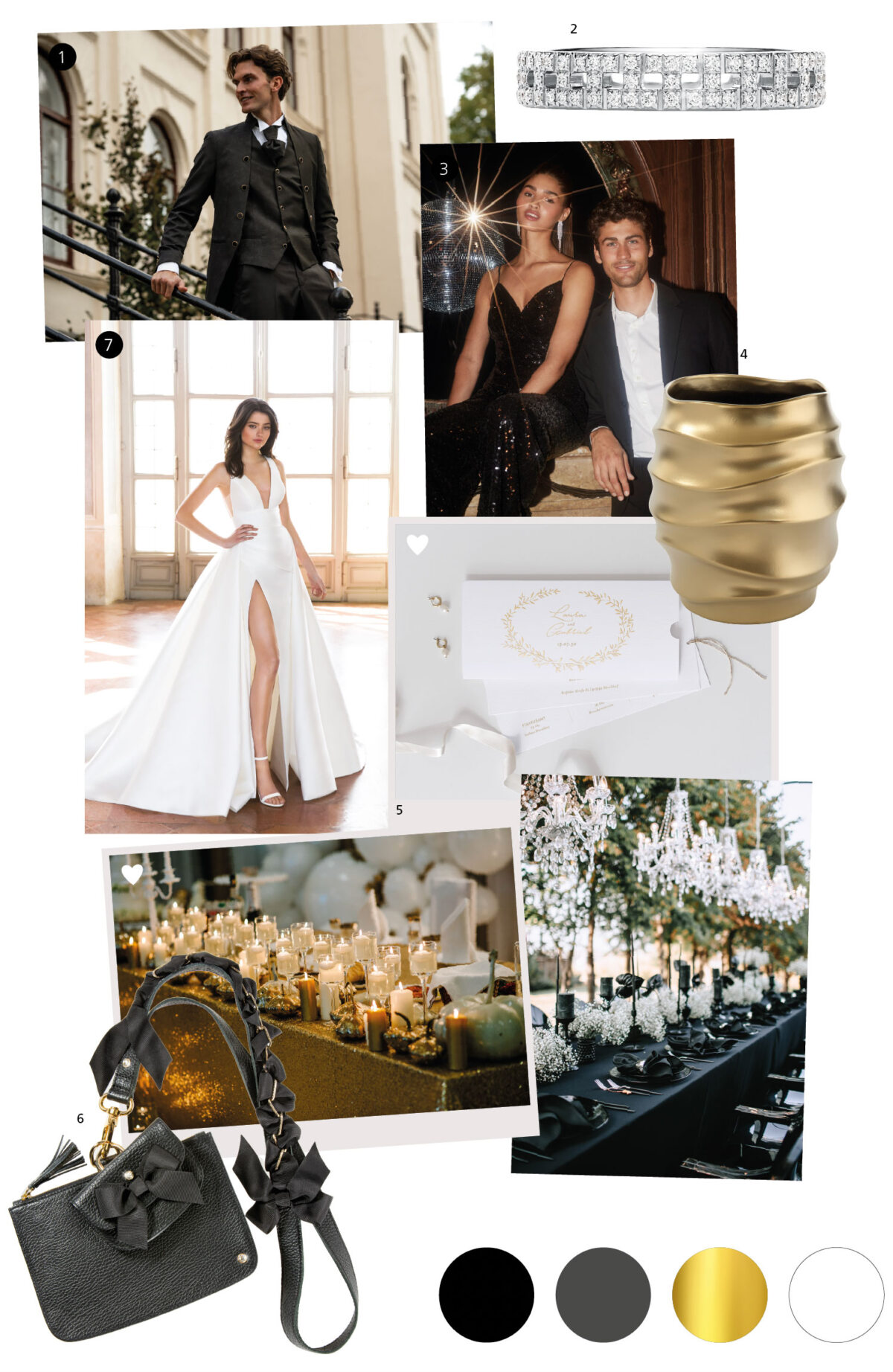 Moodboard für die Hochzeit, Thema Weiß-Schwarz-Gold, Diamantring als Hauptelement, Braut in modernem Satinkleid mit langer Schleppe und High Heels, Bräutigam im Smoking