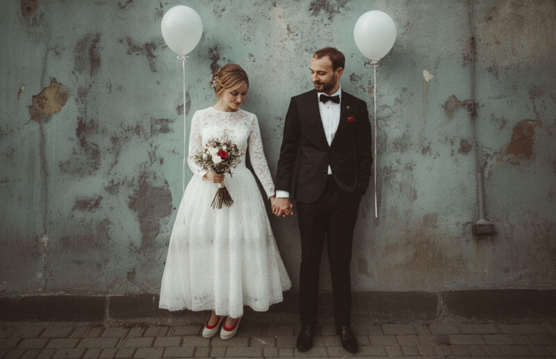 Bräutigam Styling - Eine Braut und ein Bräutigam halten sich an den Händen und stehen mit weißen Luftballons vor einer alten Mauer. Die Braut trägt rote Schuhe und hat ihre Haare hochgesteckt. Sie trägt ein langärmeliges Spitzenkleid mit einem Rock aus Tüllschichten.