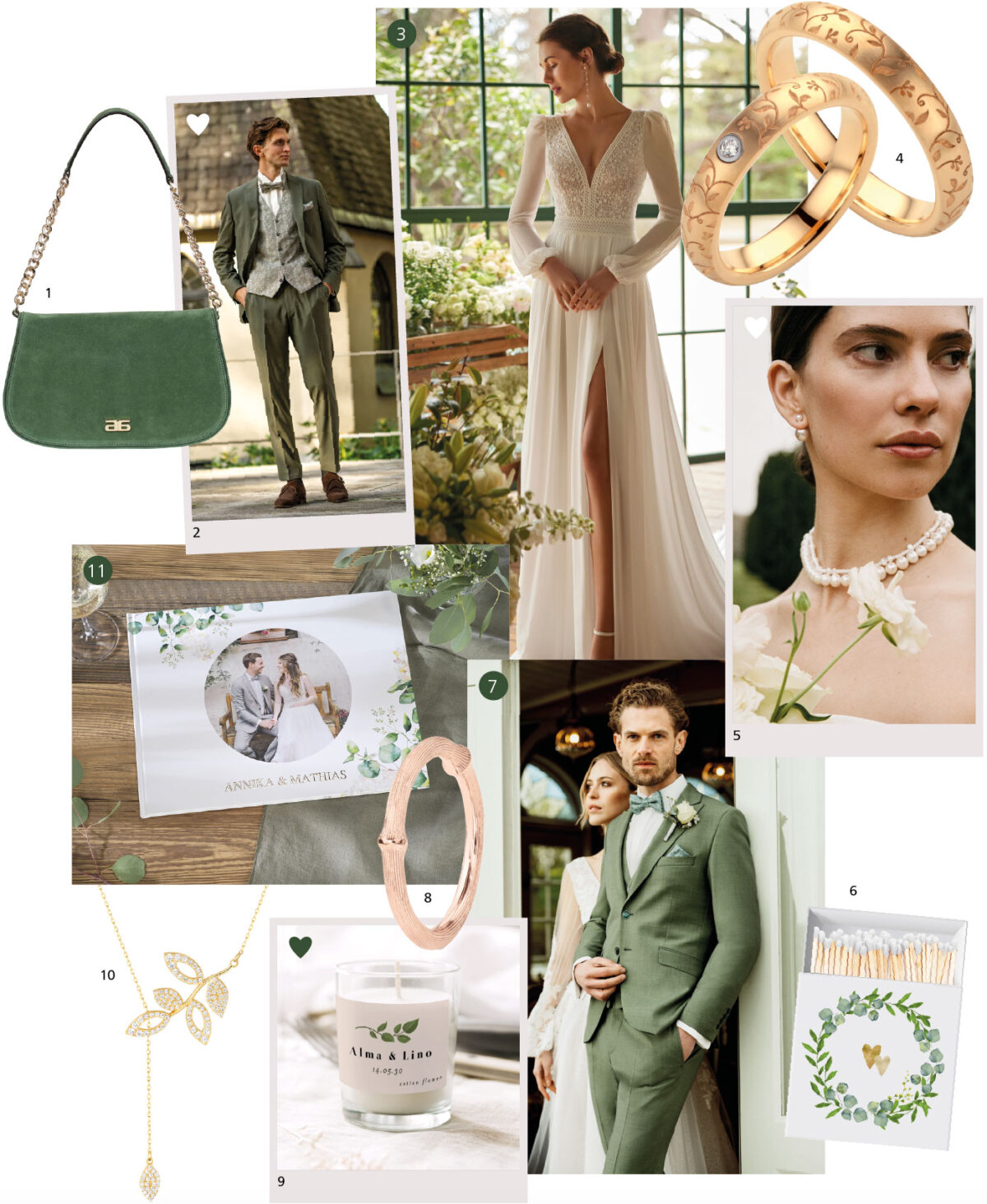 Moodboard mit Hochzeitsfarben, weiße und grüne Palette mit goldenen Ringen, Braut in langem Kleid mit Perlenkette, Bräutigam im grauen Anzug, smaragdgrüne Tasche, Kerze mit Liebesmotiv.