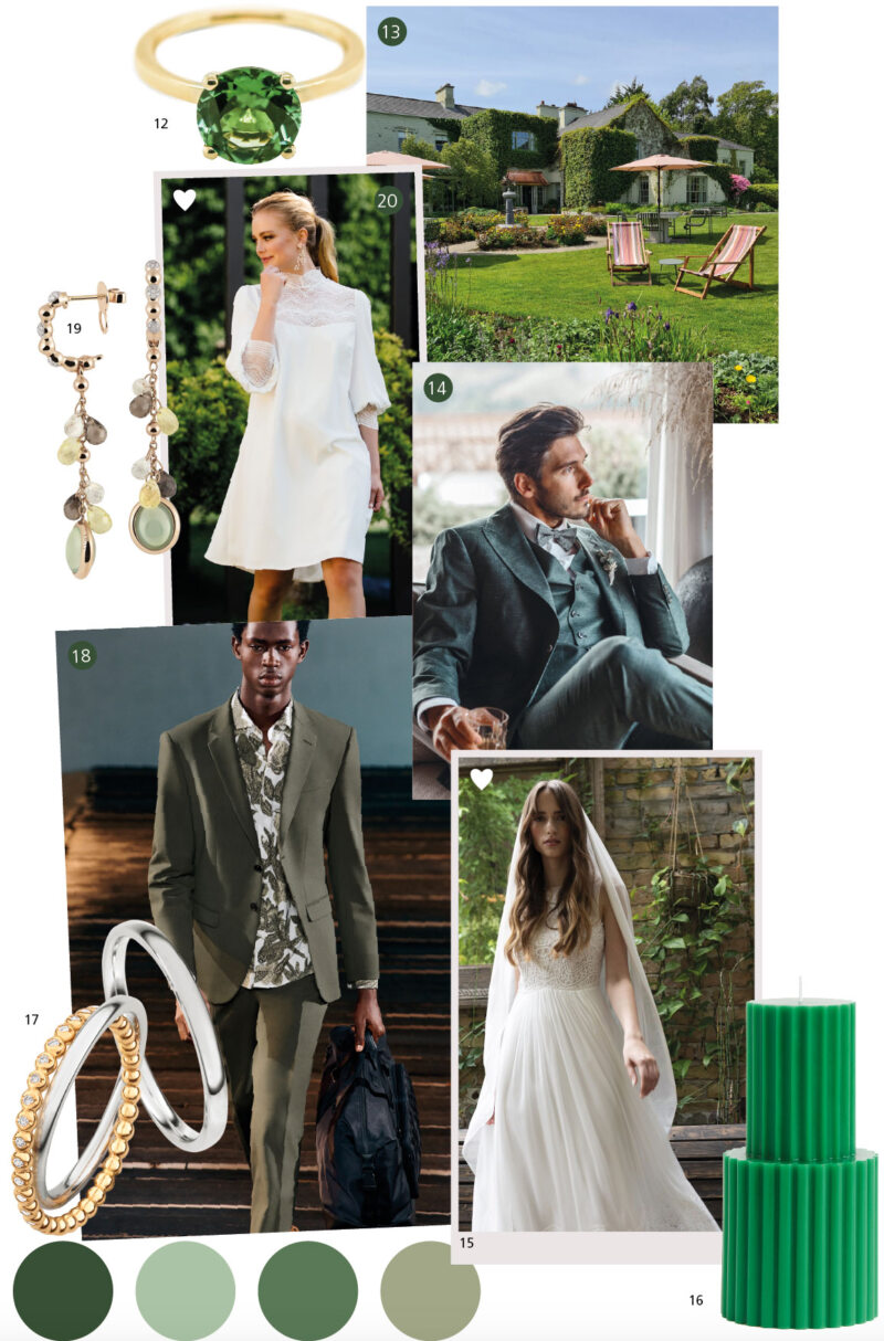 Farbkonzept Hochzeit: Moodboard für eine Hochzeit mit smaragdgrüner Farbpalette, darunter Braut und Bräutigam in weißen Kleidern, Ringen und Halsketten, Gartenparty, formelle Kleidung, Rasen, männliches Model im grauen Anzug, weibliches Model in modernem Kleid mit langen Ärmeln, Frau mit goldenem Ringarmband Halskette.