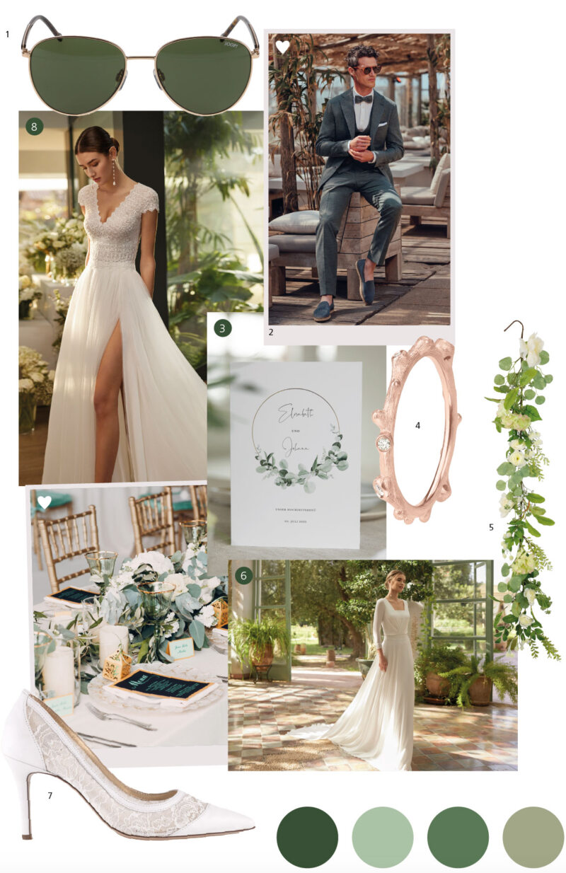 Moodboard für Hochzeit mit weißer und salbeigrüner Farbpalette, Braut in schlichtem Kleid mit Sonnenbrille und Absätzen, Bräutigam sitzt auf dem Stuhl, Hochzeitstisch, Vintage-Spiegel, goldene Ringe, elegante Möbel, Eukalyptusgirlanden, Hochzeitseinladung, digitale Illustration