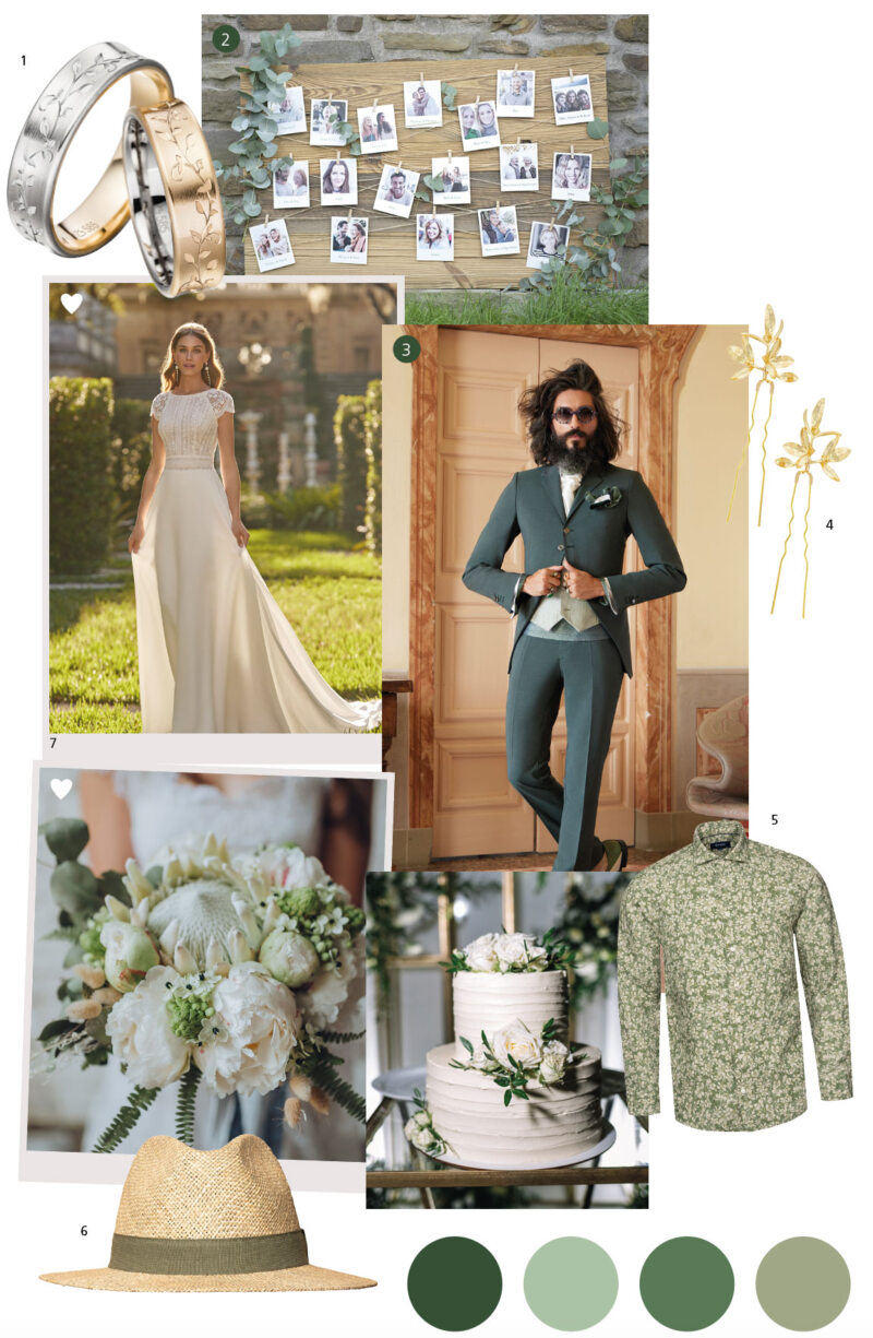 Moodboard für eine Hochzeit mit einer Braut in einem weißen Kleid, einem Bräutigam im grünen Anzug und mit langen Haaren, einer Torte mit Blumen, Fotos an der Wand, Ringen, einem Strohhut, einer beigen Farbpalette, salbeigrünen Details, und Blumen in einem Blumenstrauß.
