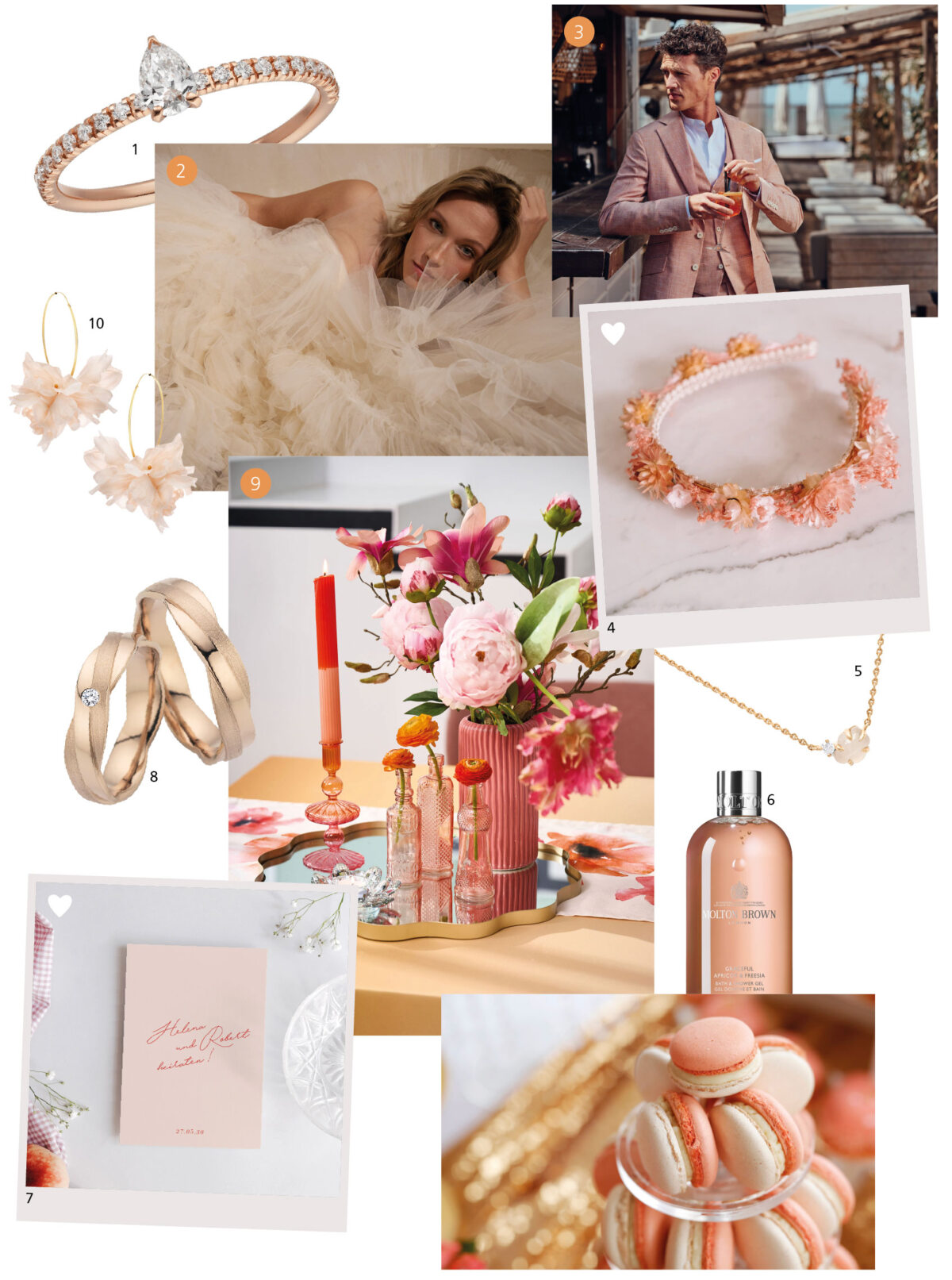 Ein Moodboard für einen Instagram-Beitrag mit Bildern von Hochzeitsaccessoires, einer Farbpalette aus Pastellrosa und Pfirsich, Blumen in Vasen, Macarons, Schmuck und Ringen mit Diamanten, einer Braut in einem weißen Kleid, einem Bräutigam, der seine Hand über seinen Kopf hält, Lächeln auf ihren Gesichtern, eine moderne Ästhetik, eine digitale Collage, hyperrealistische Fotografie.