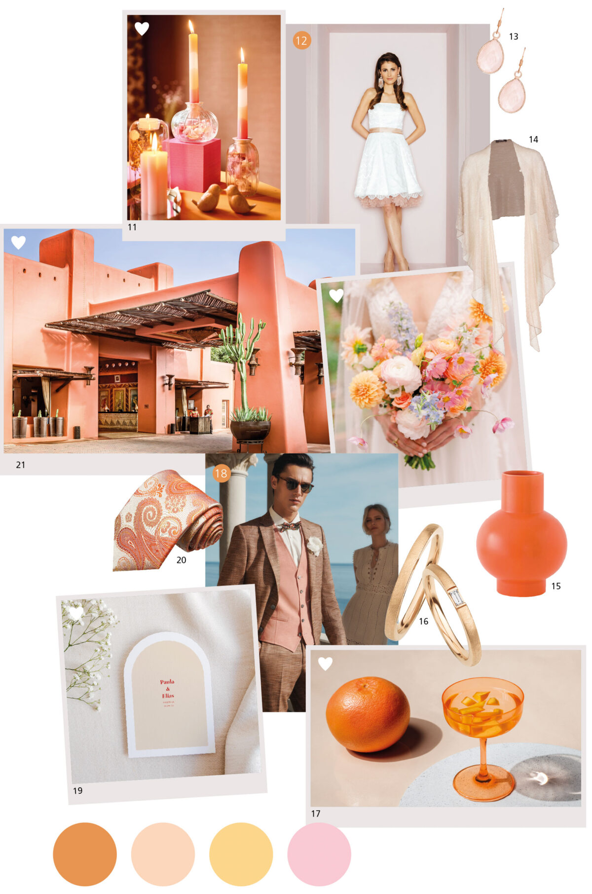Moodboard für eine orange-rosa Hochzeit in Marokko, wobei die Braut ein weißes Kleid trägt und ihr Bräutigam einen hellbraunen Anzug trägt, mit ihrem Paarporträt darauf, Farbpalette aus Pfirsichflaum und Pastellgelb und Orange