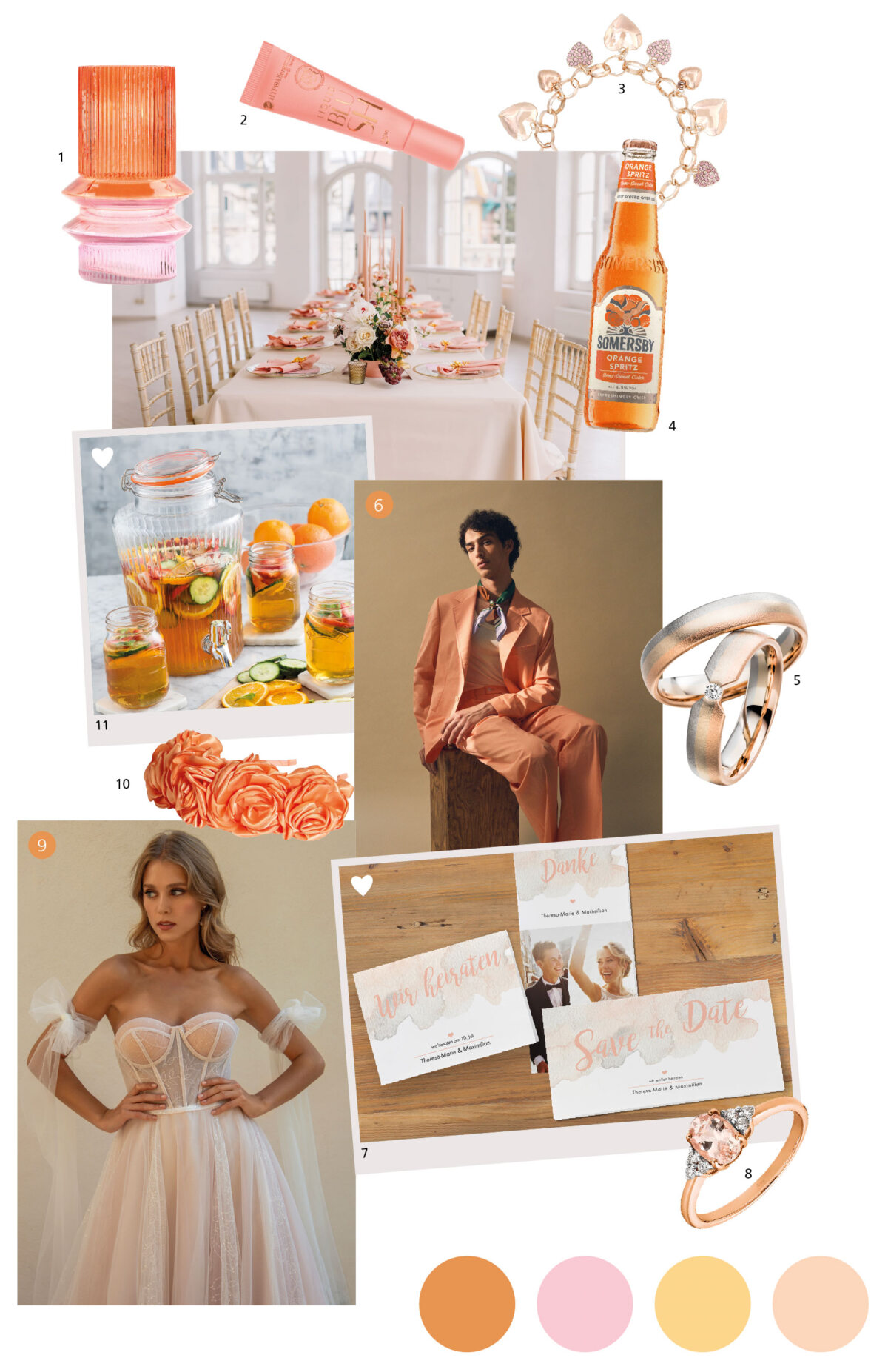 Moodboard für eine Hochzeit mit einer orange-rosa Farbpalette, einer weißen Tischdecke, einer Braut in einem Tüllkleid mit langen Haarringen, einem Bräutigam in einem pfirsichfarbenen Anzug, der auf einem Holzstuhl hinter dem Tisch sitzt