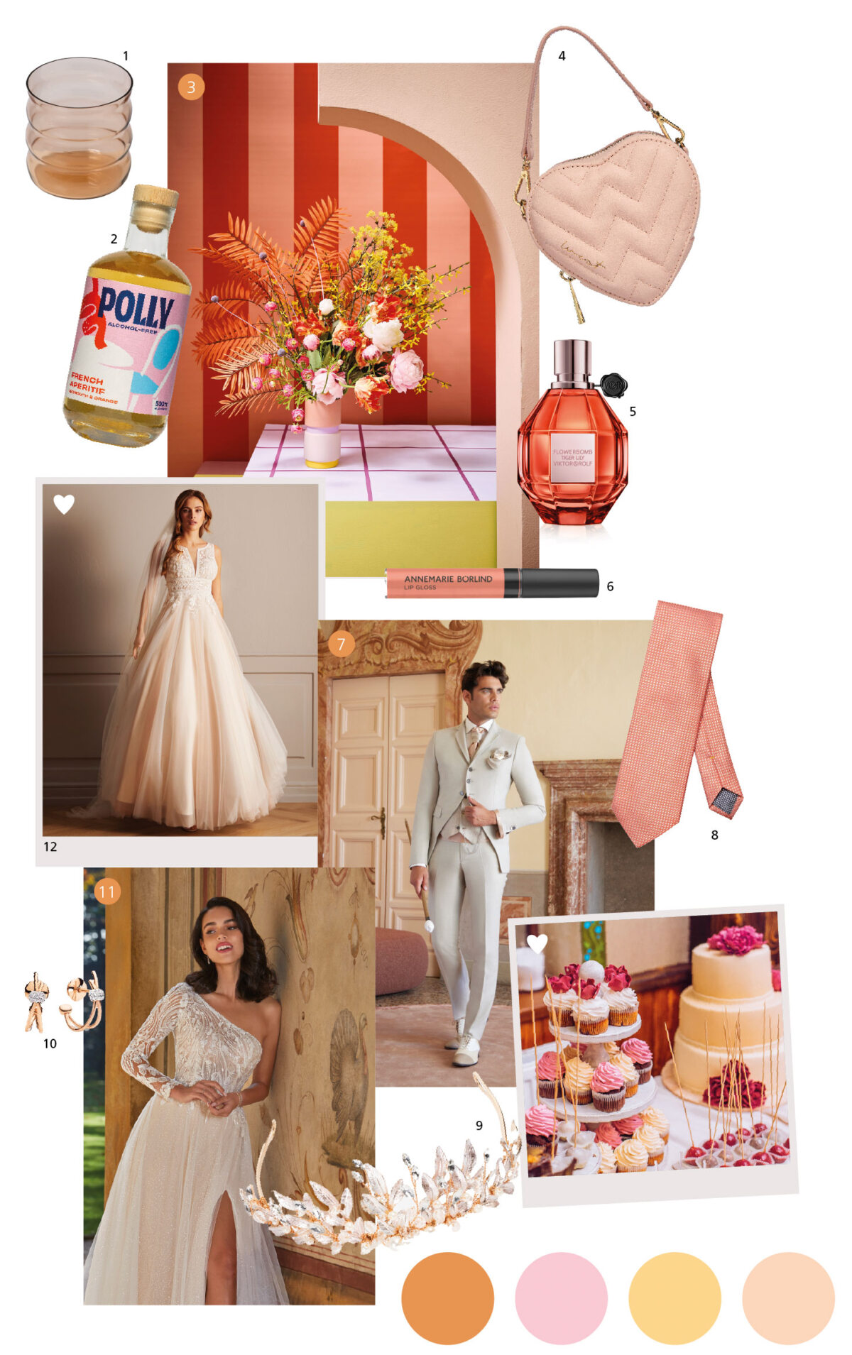 Moodboard für einen Hochzeitstag, mit einer pastellfarbenen Pfirsich-Farbpalette. Die Braut trägt ein weißes Kleid und der Bräutigam einen grauen Anzug, wodurch eine romantische und Vintage-Atmosphäre entsteht. Wunderschöne Blumenarrangements, eine Komposition nach dem Goldenen Schnitt und eine Kulisse im Stil eines Fotoshootings.