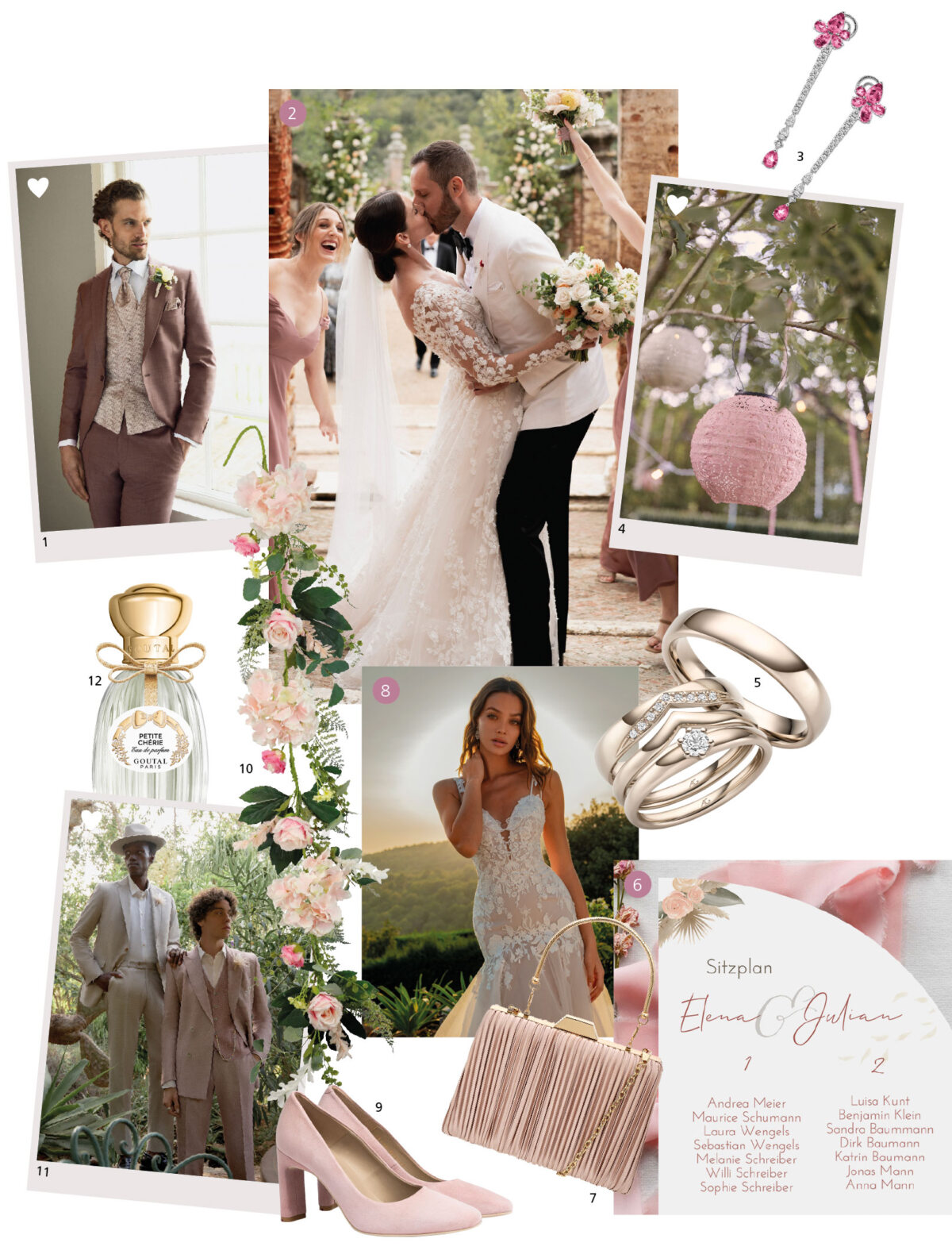 Eine Collage aus Hochzeitsbildern, die Braut und Bräutigam in ihren Designer-Outfits mit Schuhen, Ringen, Blumen, Parfümflaschen, Handtaschen, einer herzförmigen Ringbox auf rosa Kristallen und Fotos von der Fotosession des Paares zeigt.