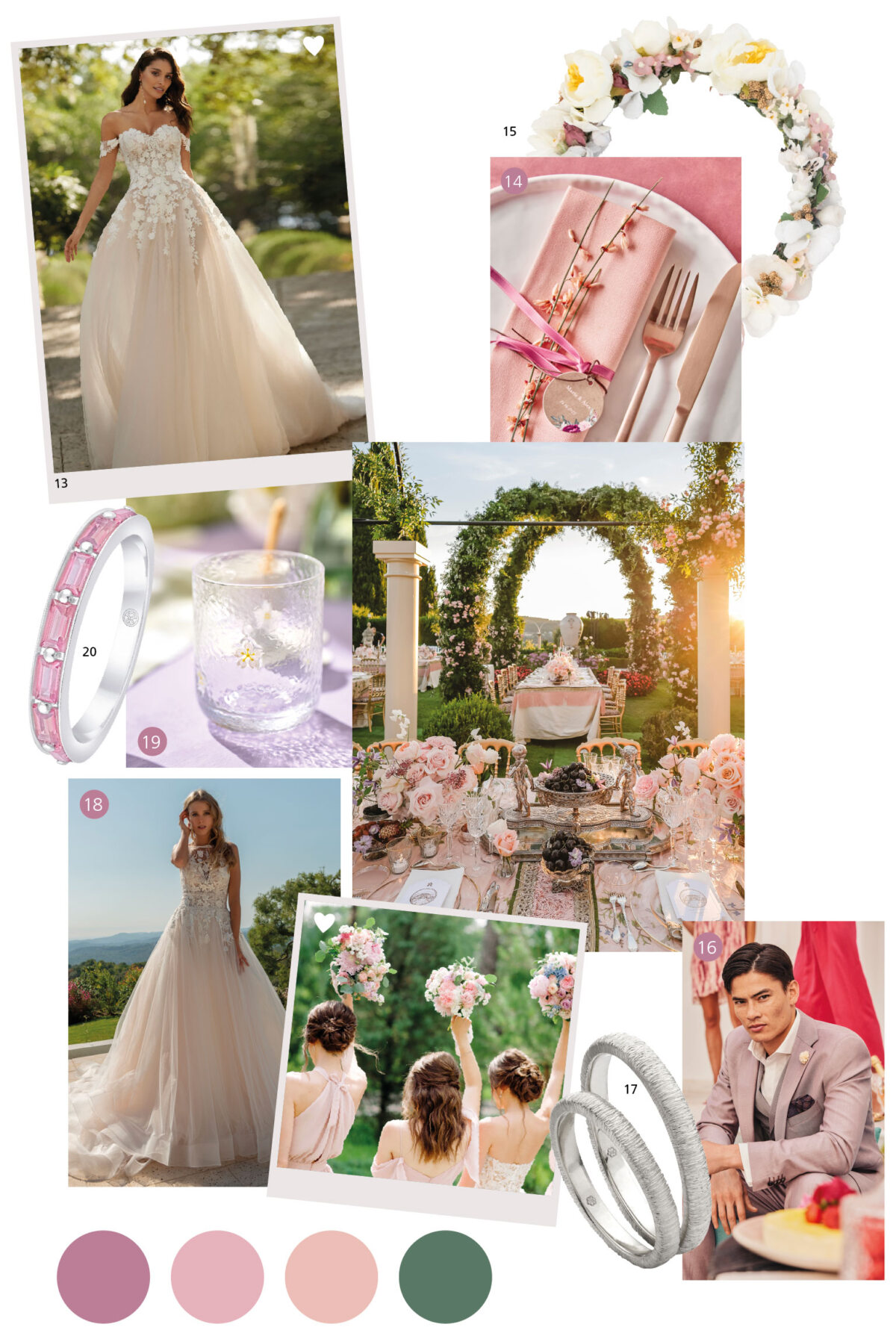Farbkonzept Hochzeit: Moodboard für einen Hochzeitstag: eine Braut in einem Tüllkleid mit Spitzendetails und Rosen am unteren Rand ihres Kleides, eine Fotokabine an einem Hochzeitsort im Garten im Freien, eine pastellrosa und grüne Farbpalette