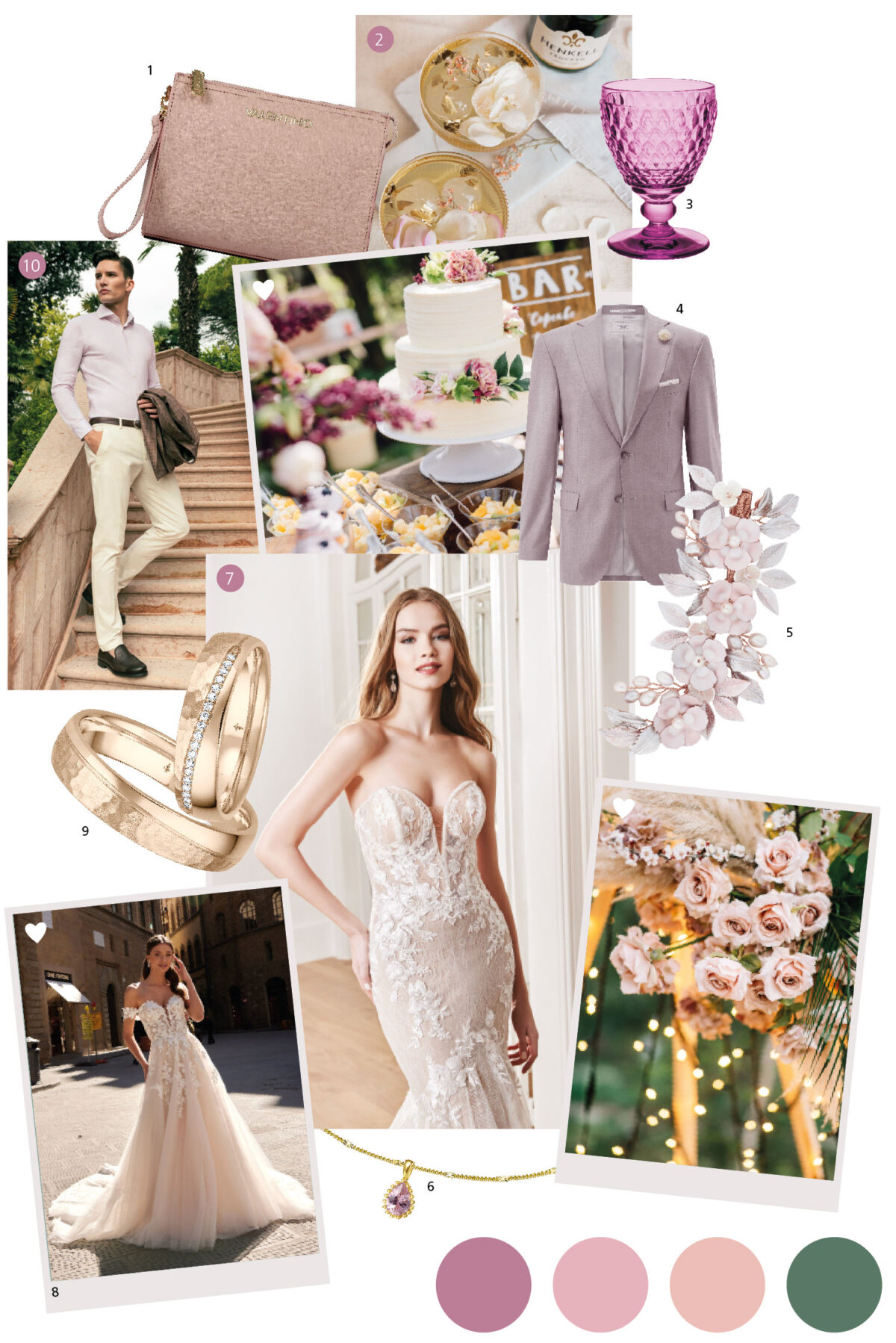 Moodboard für eine Hochzeit, Farbpalette aus Rosa und Lavendel mit goldenen Akzenten, Fotos der Braut in einem weißen Kleid und des Bräutigams im grauen Anzug, Fotoshootings in einem französischen Schlossgarten, eine Handtasche aus lila Kristallglas