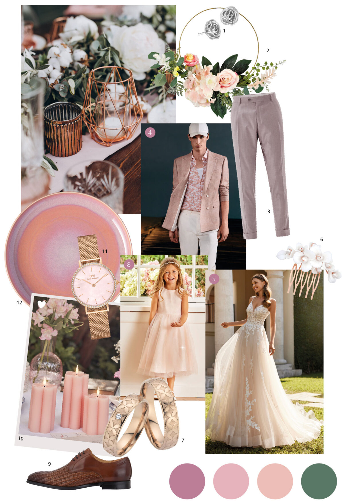 Moodboard für die Hochzeit, Farbpalette in Rosa und Roségold mit Blumen im Hintergrund, Mädchen im Blumenmädchenkleid mit weißen Spitzenschuhen, Mann trägt graue Blazerhose mit braunem Ledergürtel, Uhr am Handgelenk und Ringbox in der Hand