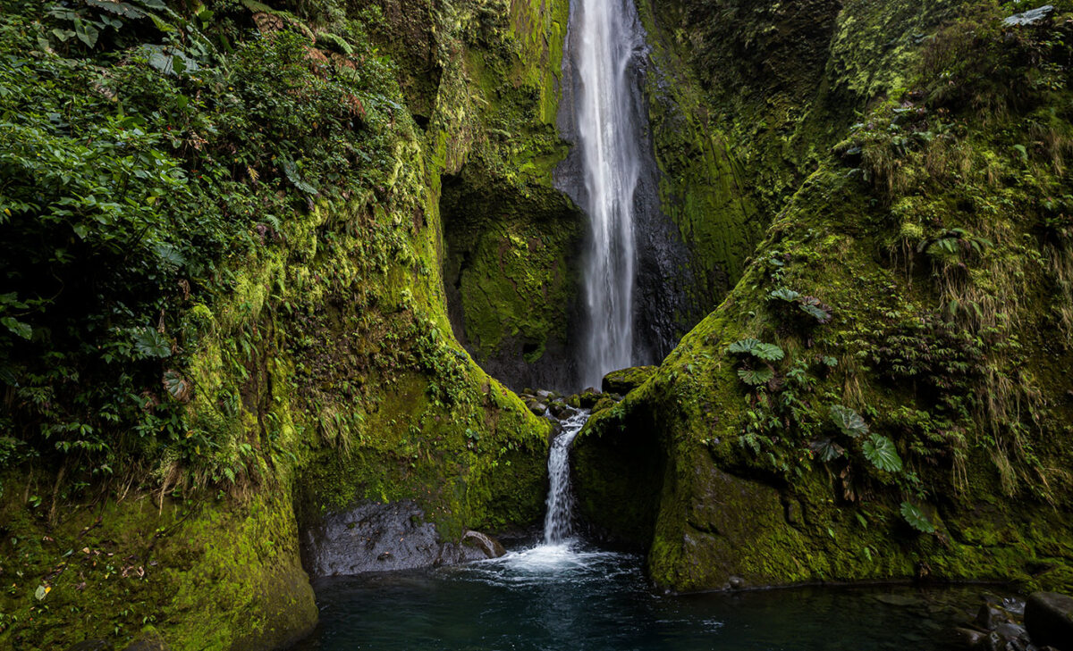 Foto eines Wasserfalls in einer moosigen Schlucht bei Malla im kolumbianischen Regenwald.