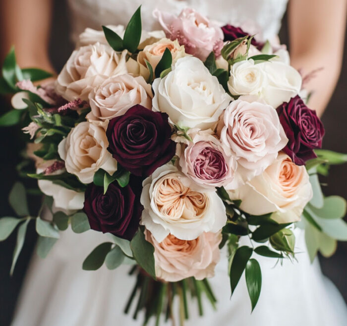 Braut hält Blumenstrauß in Creme, Rosé und Dunkelrot