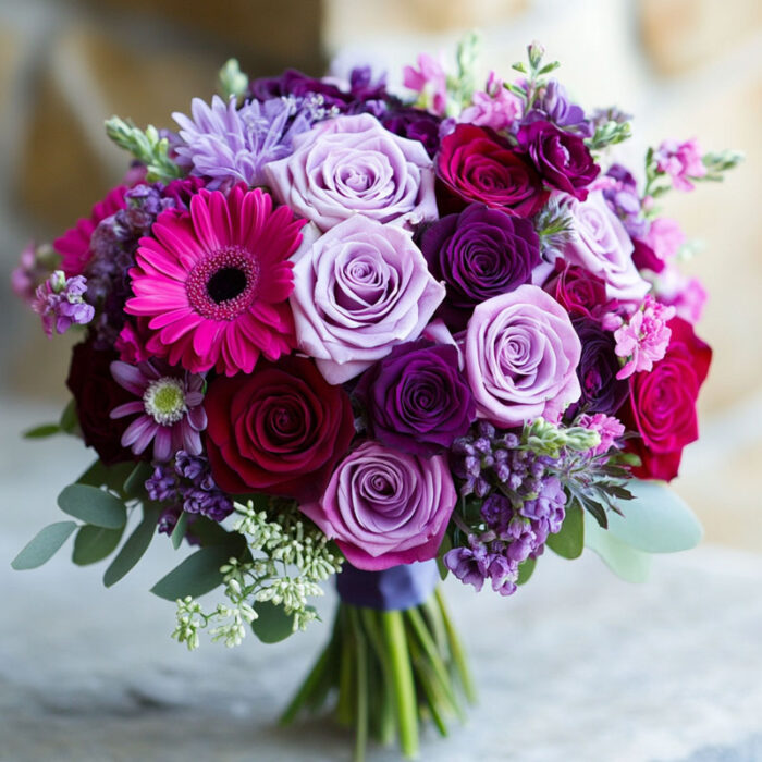 Runder Blumenstrauß in Violett, Flieder und Dunkelrot