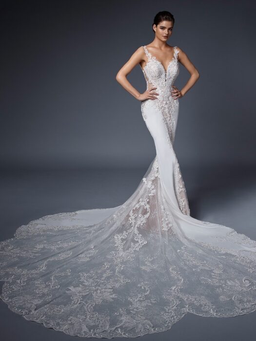 Fit-and-Flare-Brautkleid mit Kontrastspitze, Plunge-Ausschnitt, transparenten Cut-outs und Schleppe von Elysée, Modell Nadiya
