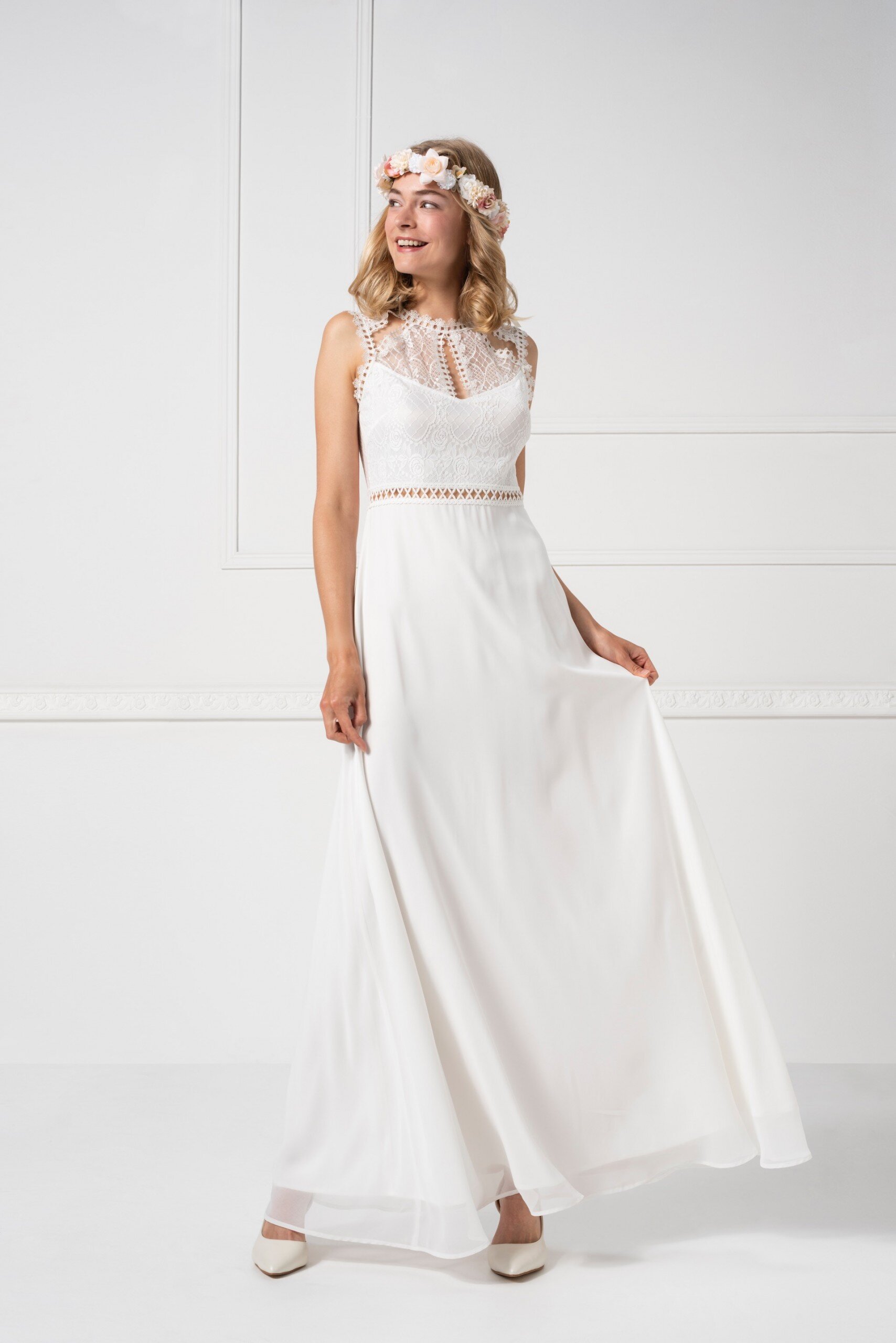 Boho-Brautkleid in A-Linie mit Spitzentop und Illusion-Ausschnitt von Weise Essentials, Modell 449420