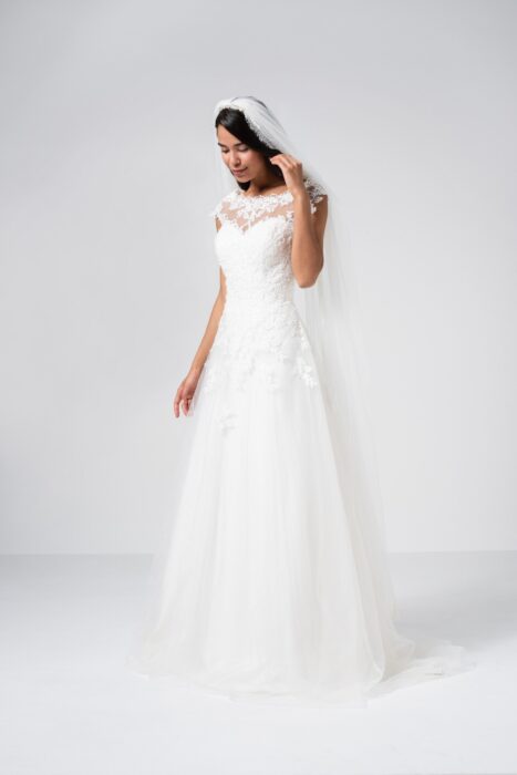 A-Linien-Brautkleid mit Illusion-Ausschnitt und Cap-Ärmeln von Weise Be The One, Modell 337612