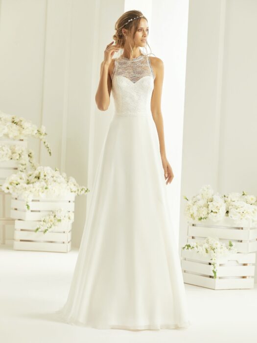Hochzeitskleid in A-Linie mit Spitzentop und Illusion-Neckholder-Ausschnitt von Bianco Evento, Modell Nala