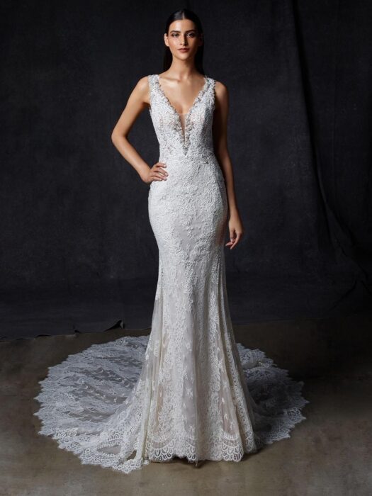 Fit-and-Flare-Brautkleid mit Allover-Spitze, Plunge-Ausschnitt, Strassdekoration, tiefem Rückenausschnitt und Schleppe von Enzoani, Modell Omega