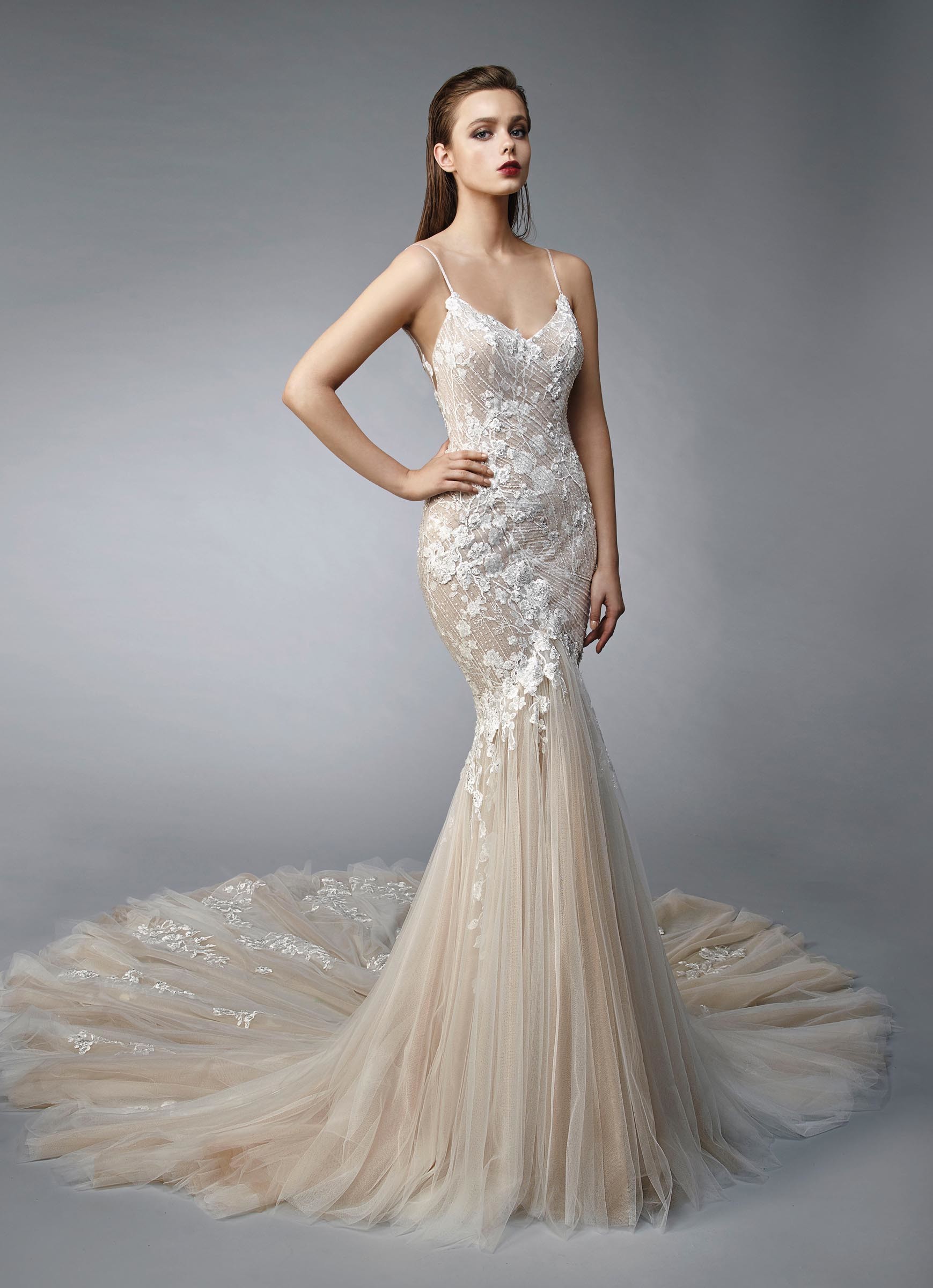 Brautkleid im Fit-and-Flare-Schnitt, in Blush mit cremefarbener Spitze, Spaghettiträgern und Schleppe von Enzoani, Modell Nia