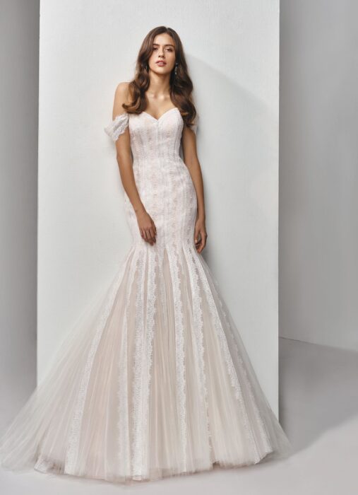 Fit and Flare-Brautkleid mit Spitze und Offshoulder-Trägern in Blush von Beautiful Bridal, Modell BT19-28