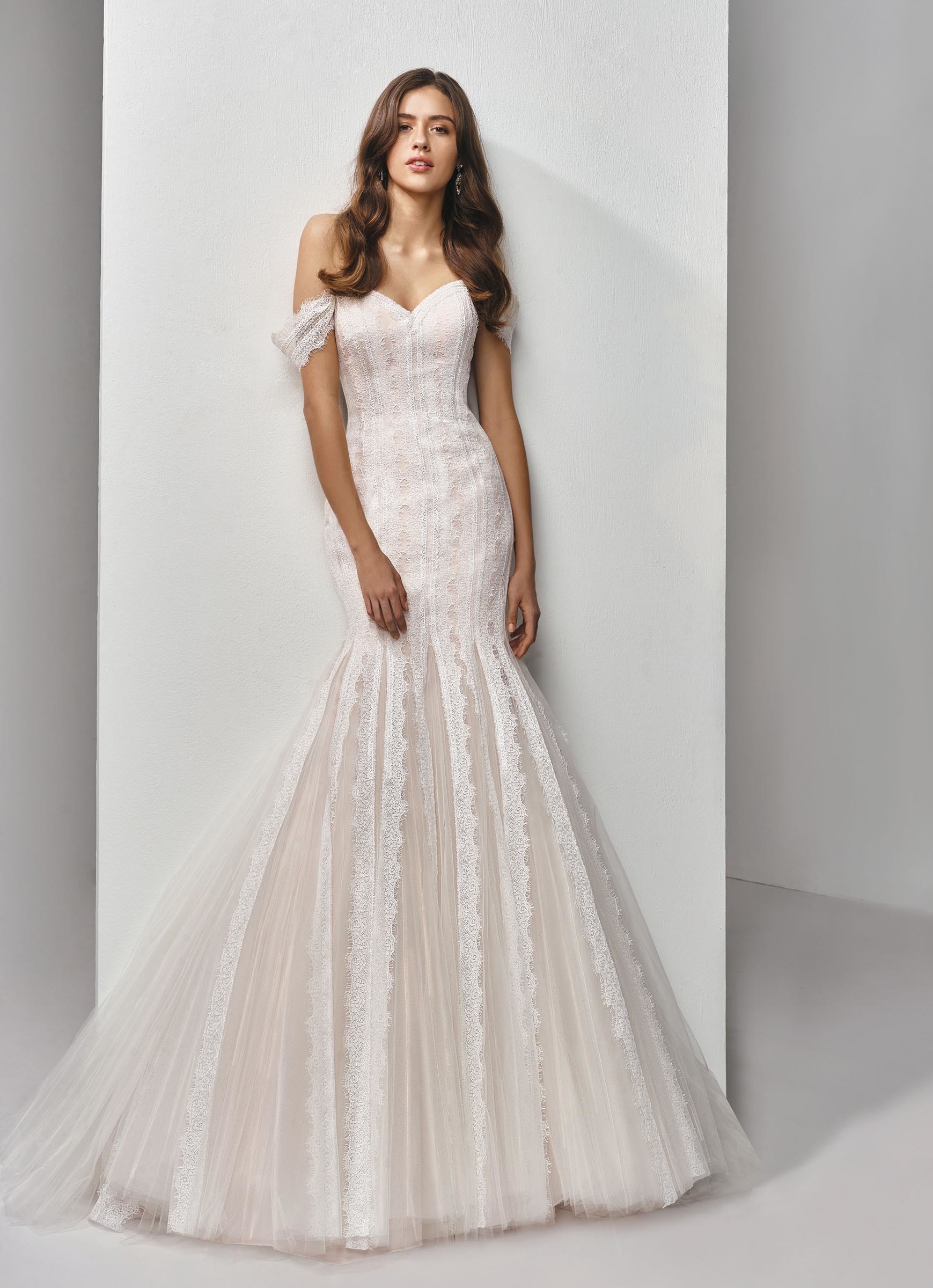 Fit and Flare-Brautkleid mit Spitze und Offshoulder-Trägern in Blush von Beautiful Bridal, Modell BT19-28