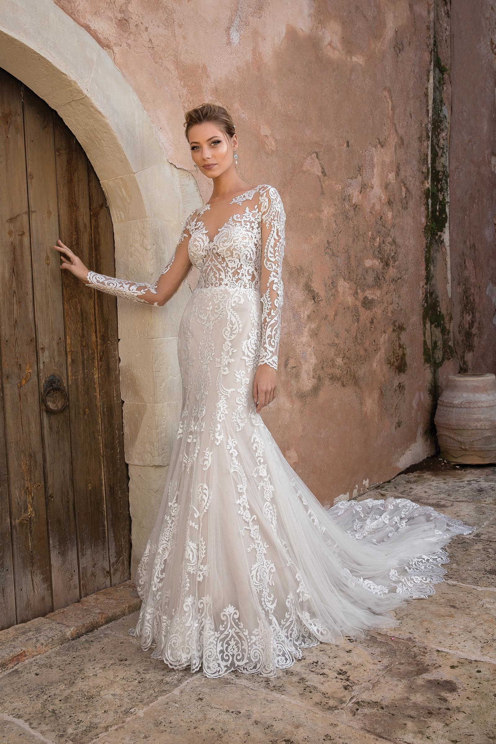 Fit and Flare-Brautkleid mit Spitze und Langarm in Blush von Justin Alexander, Modell 88049