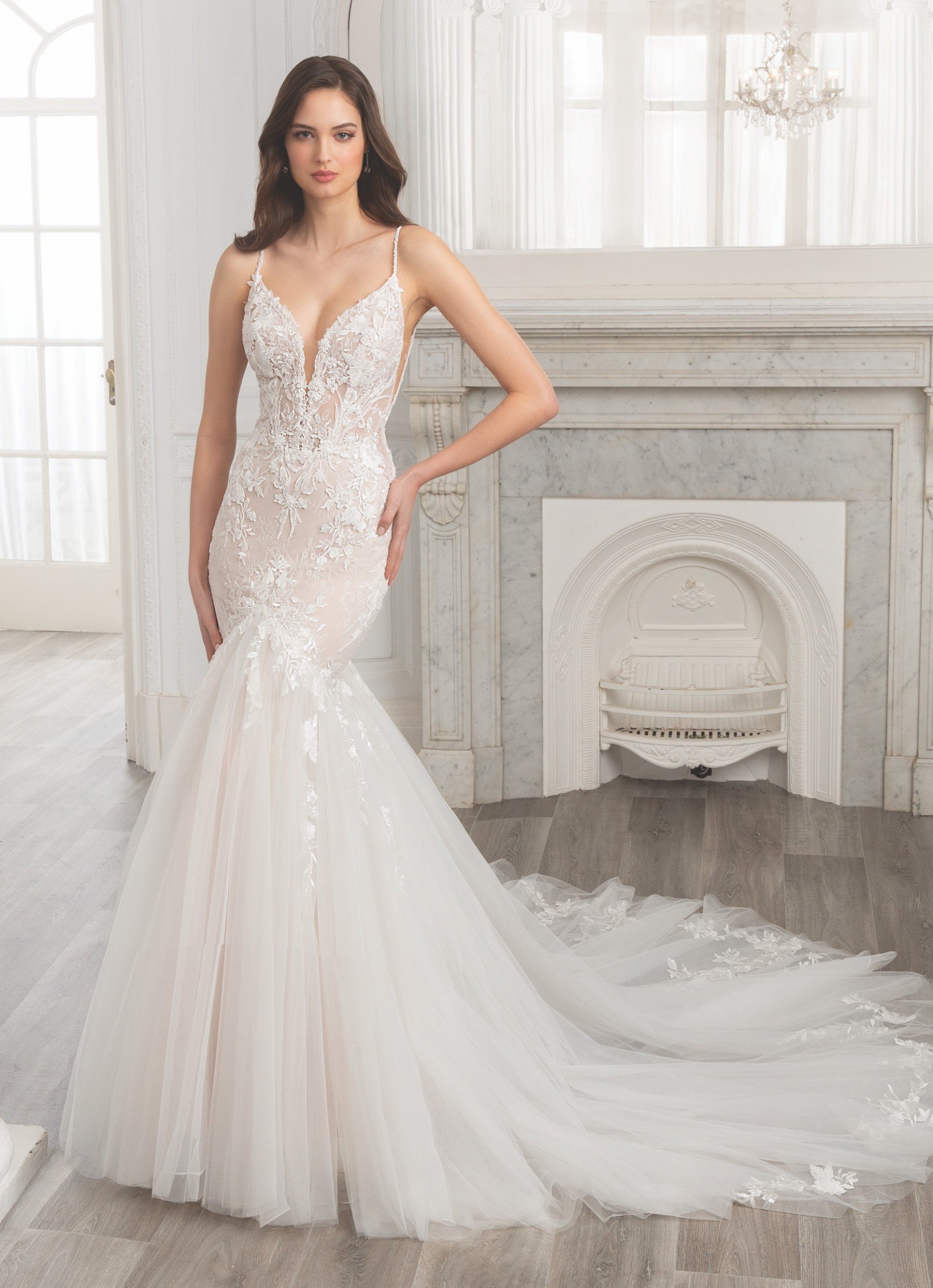 Brautkleid mit Plunge-Ausschnitt und Spaghettiträgern von Etoile, Modell Elia