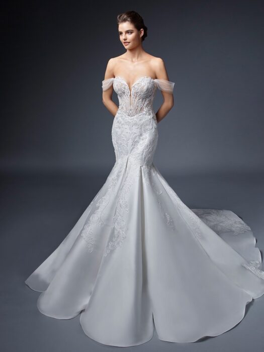 Off-Shoulder-Hochzeitskleid mit transparentem Top, Plunge-Ausschnitt und Schleppe von Elysée, Modell Satine