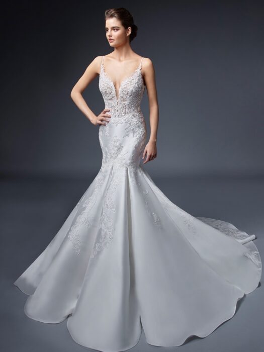 Brautkleid mit transparentem Spitzentop, Spaghettiträgern, tiefem Rücken und Schleppe von Elysée, Modell Valerie