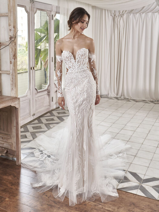 Modernes Brautkleid im Mermaid-Schnitt mit bestickter Spitze, Transparenzen, Sweetheart-Ausschnitt von Pen-Liv, Modell Allie