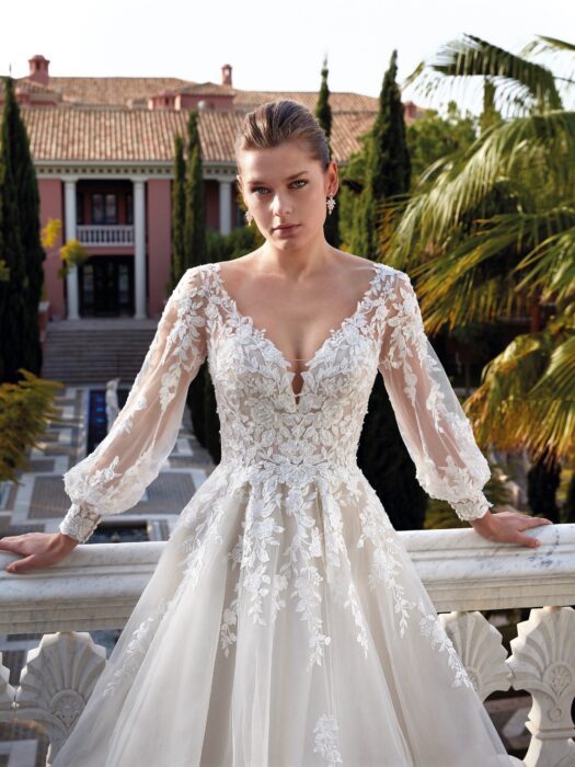 Blush-farbenes Brautkleid im Prinzessschnitt mit bestickter 3D-Blumen-Spitze, V-Ausschnitt, transparenten Ballonärmeln, tiefem Rücken und Schleppe von Demetrios, Modell 1186