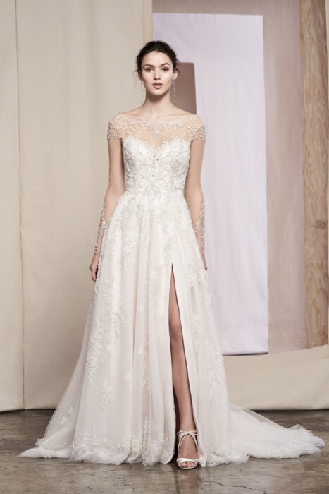 Brautkleid im Prinzesstil mit Tattoo-Effekten, Illusion-Ausschnitt und Beinschlitz von Justin Alexander Signature, Modell 99087 Hana